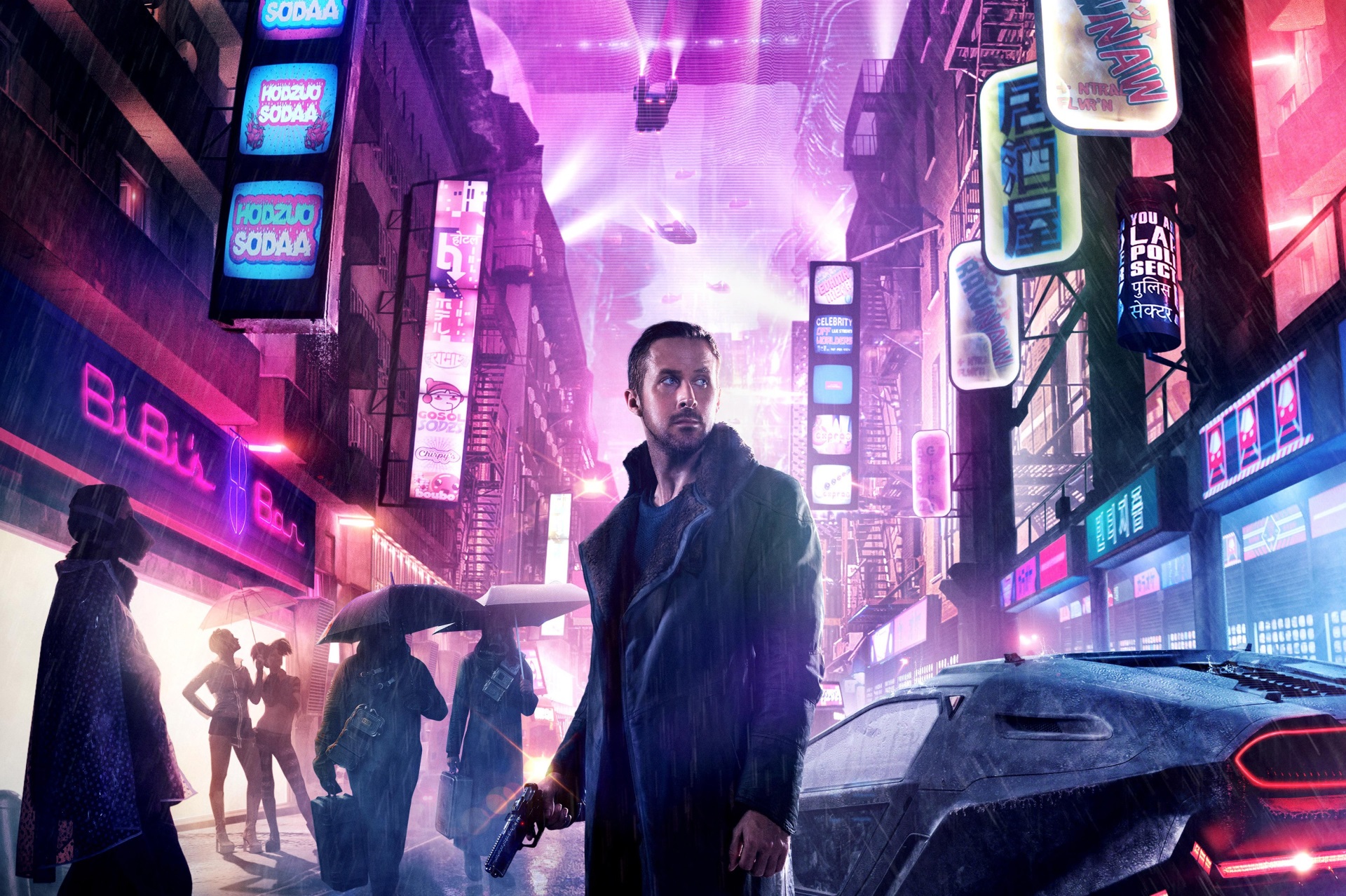 K from Blade Runner 2049 in a rainy city HD Wallpaper