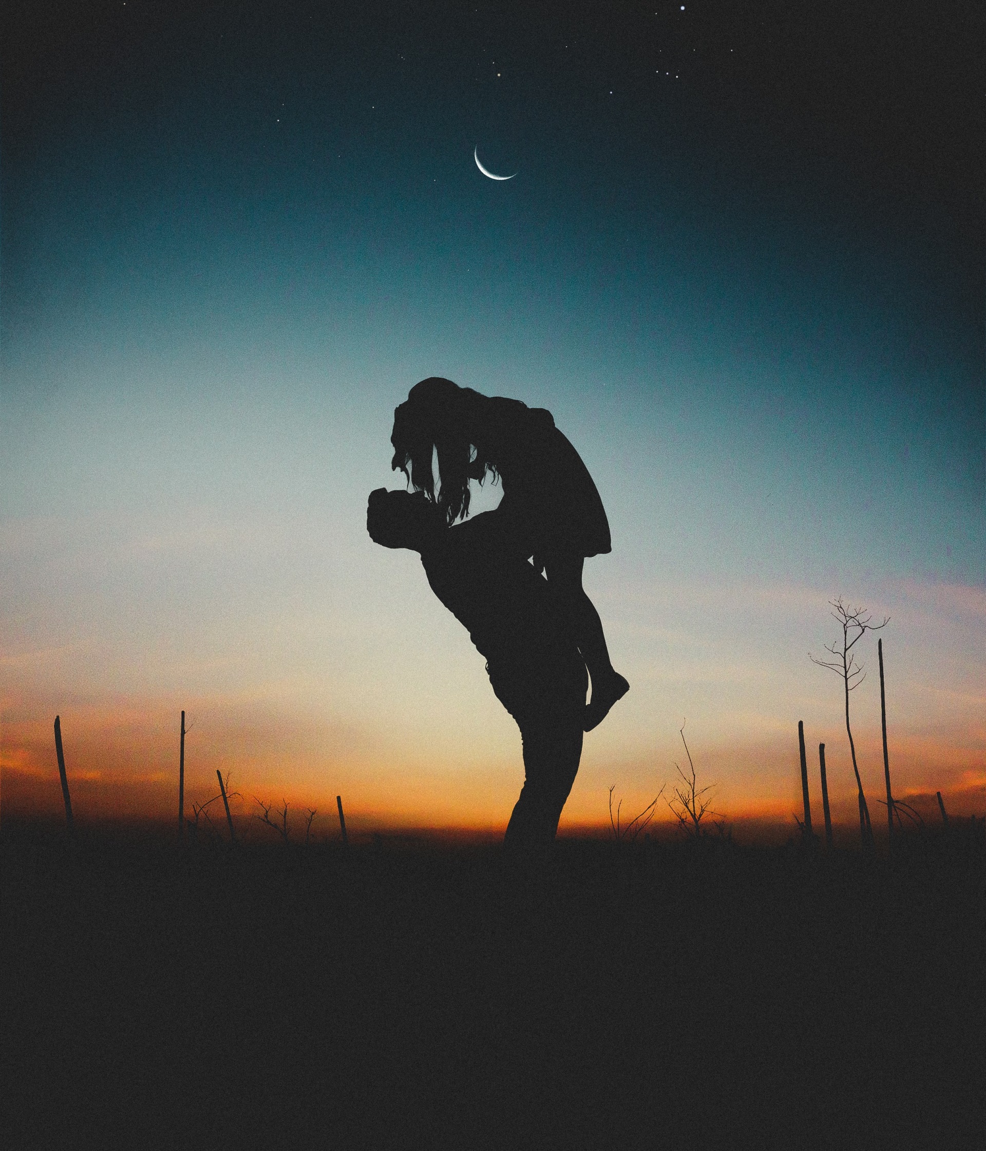 Couple silhouetted against sunset and moonlit sky HD Wallpaper