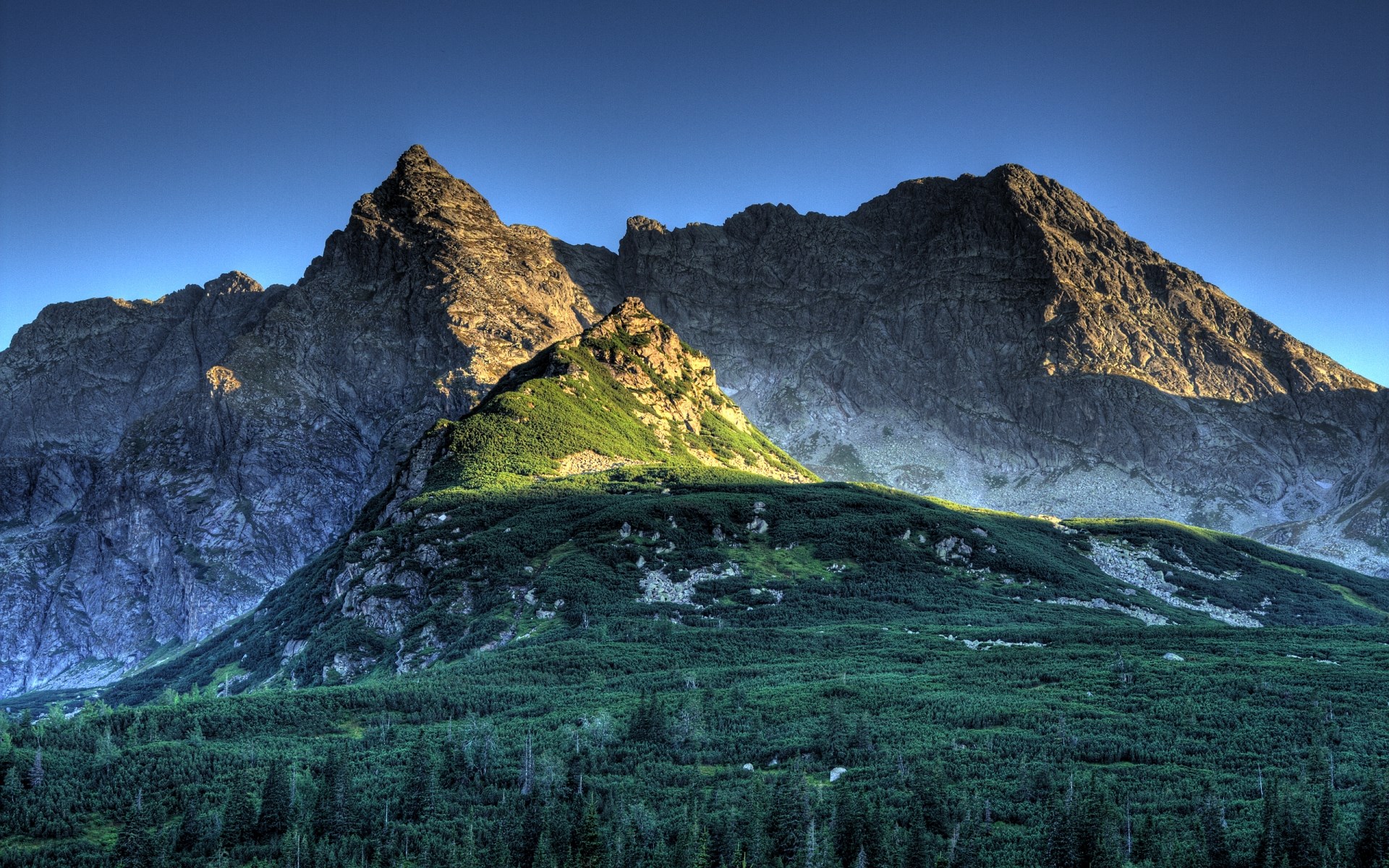 Mountain peaks with green slopes under a clear blue sky HD Wallpaper