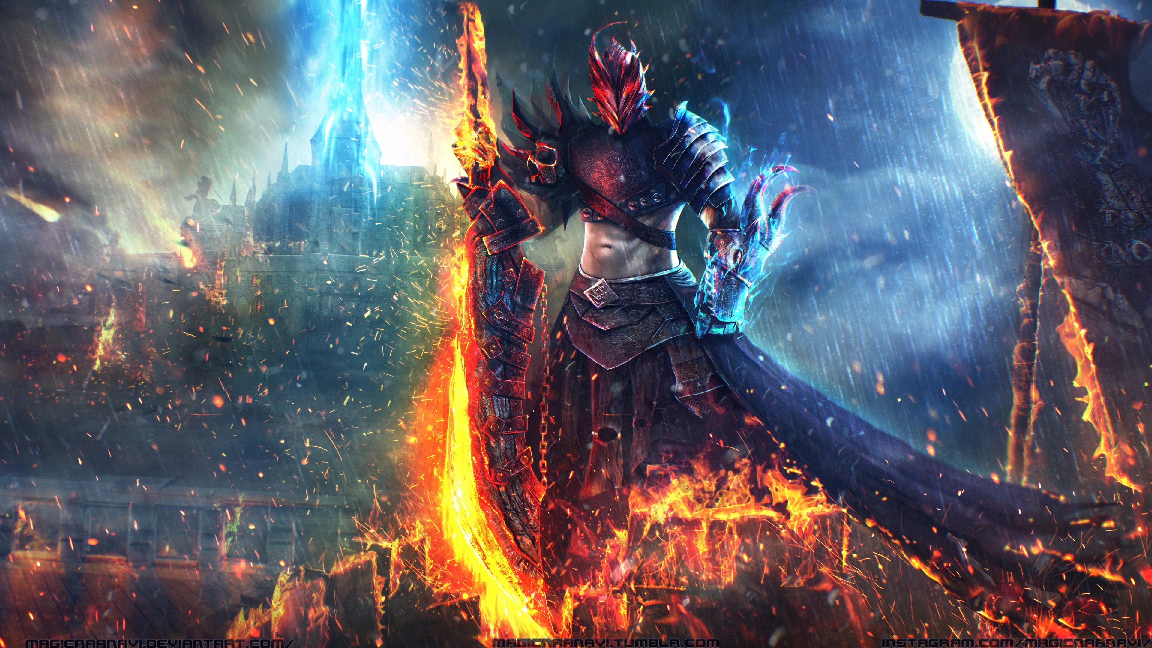 Warrior with flaming sword in a burning city HD Wallpaper