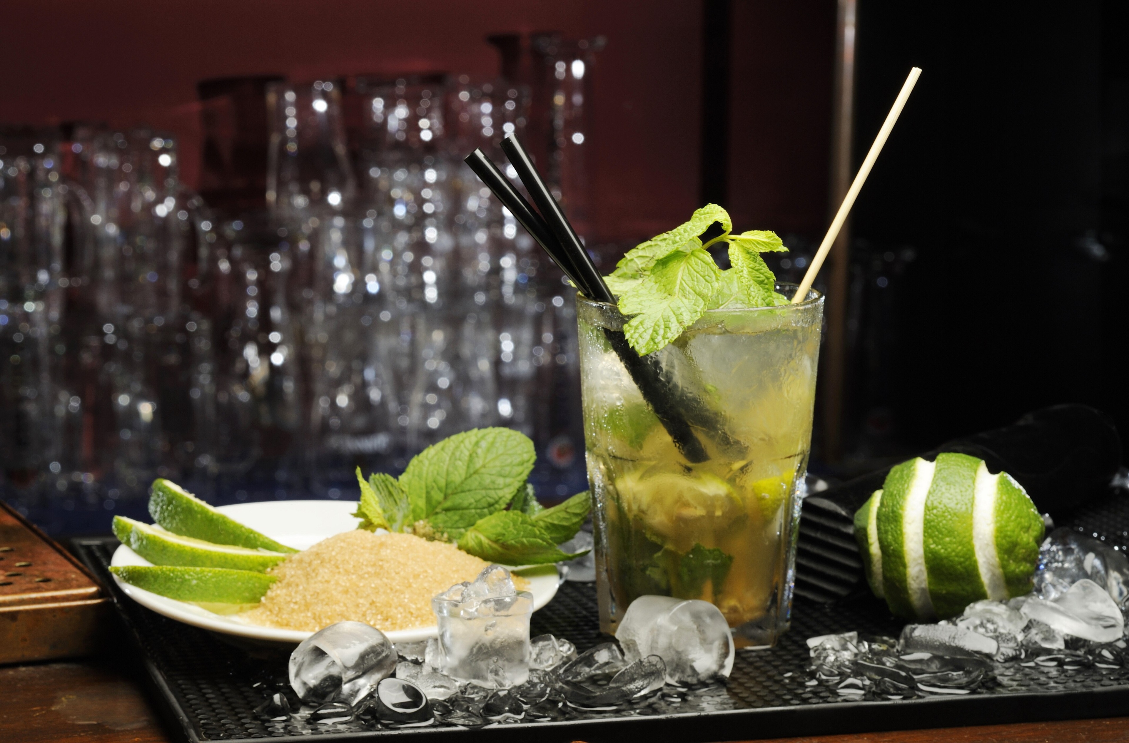 Cocktail with lime, mint, and sugar HD Wallpaper