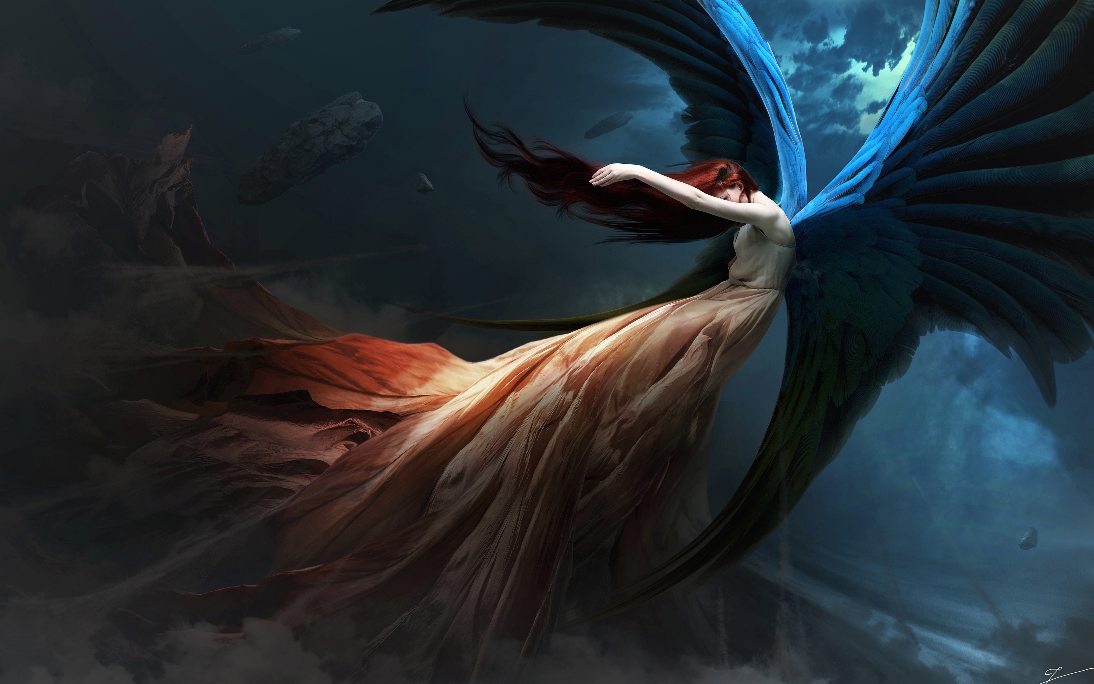 Angel with blue wings and flowing dress in 4K HD Wallpaper