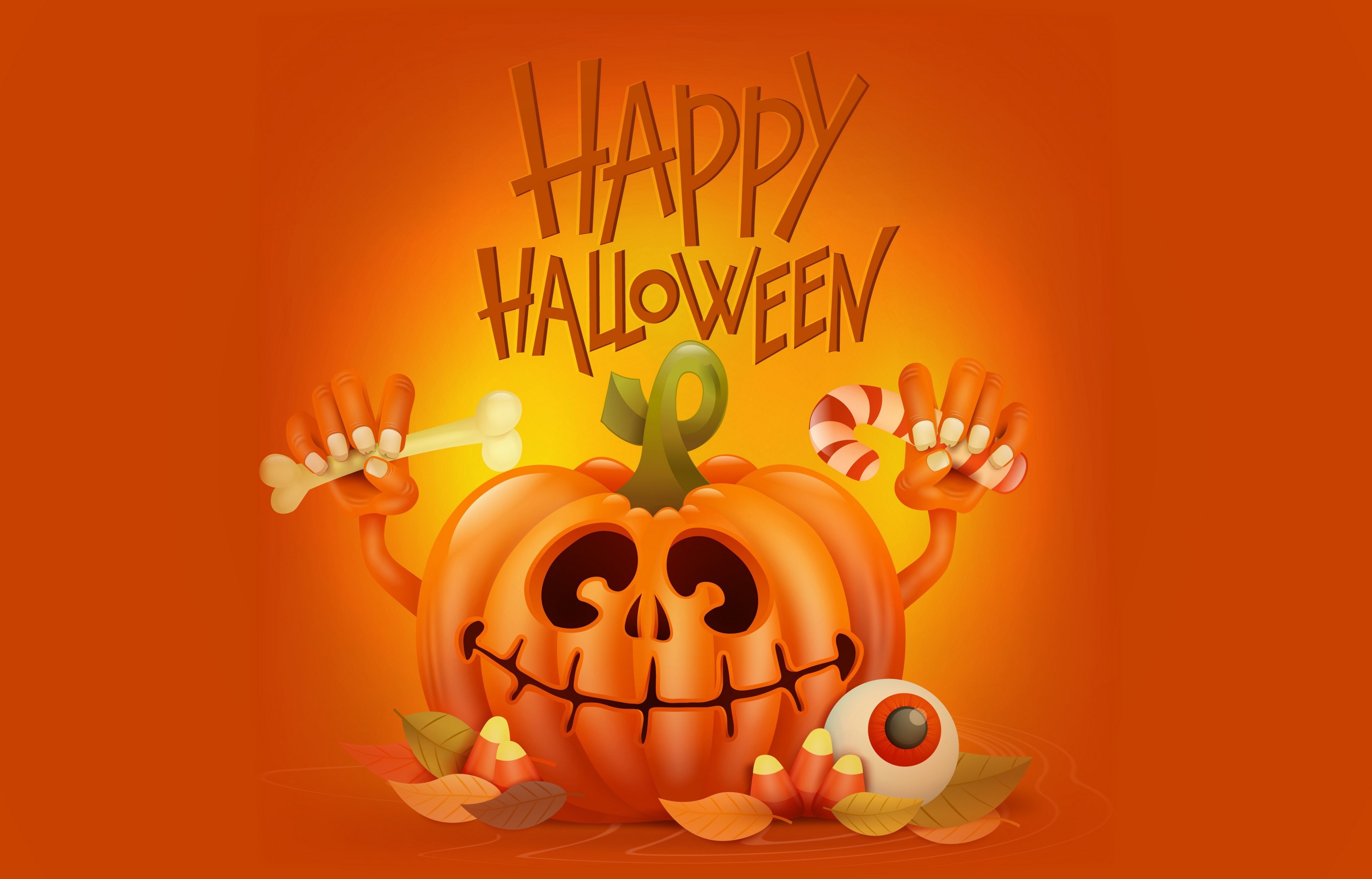 Happy Halloween pumpkin with candy and bone HD Wallpaper