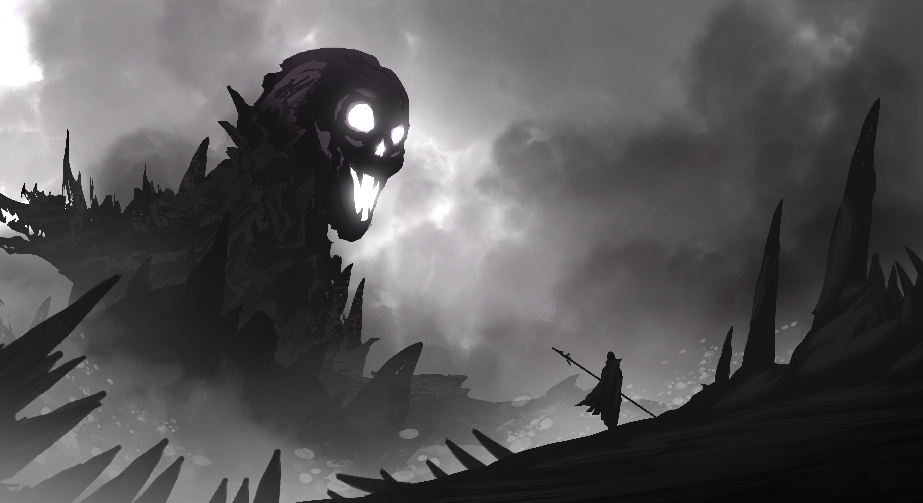 4K Dark Warrior Facing Giant Shadow Monster HD Wallpaper