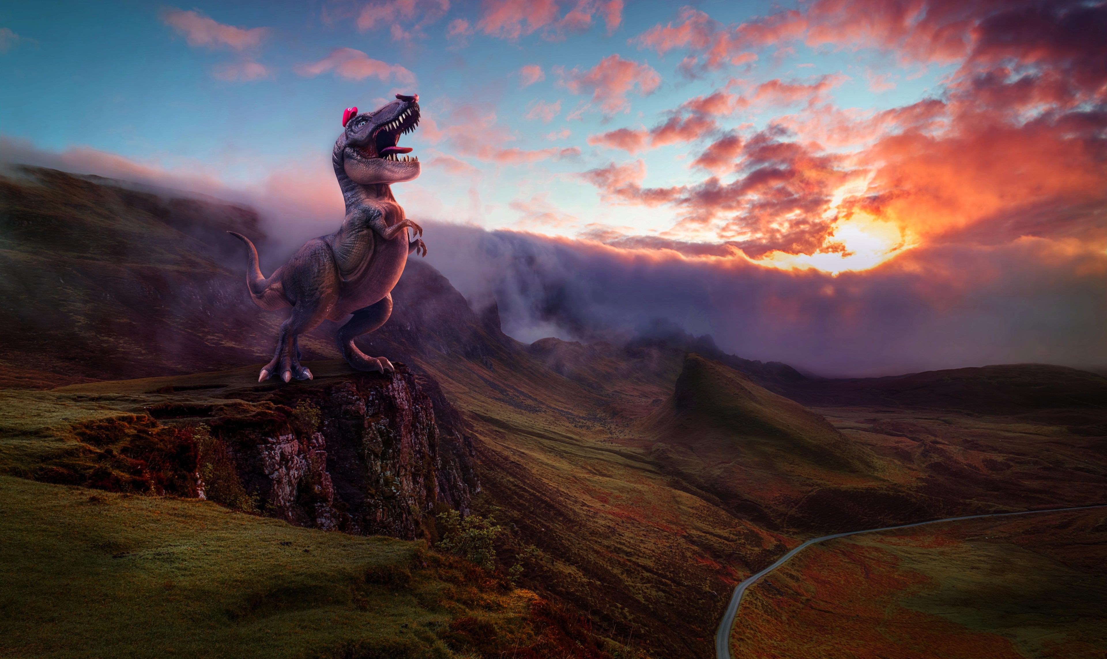 Dinosaur with heart hat on cliff at sunset HD Wallpaper