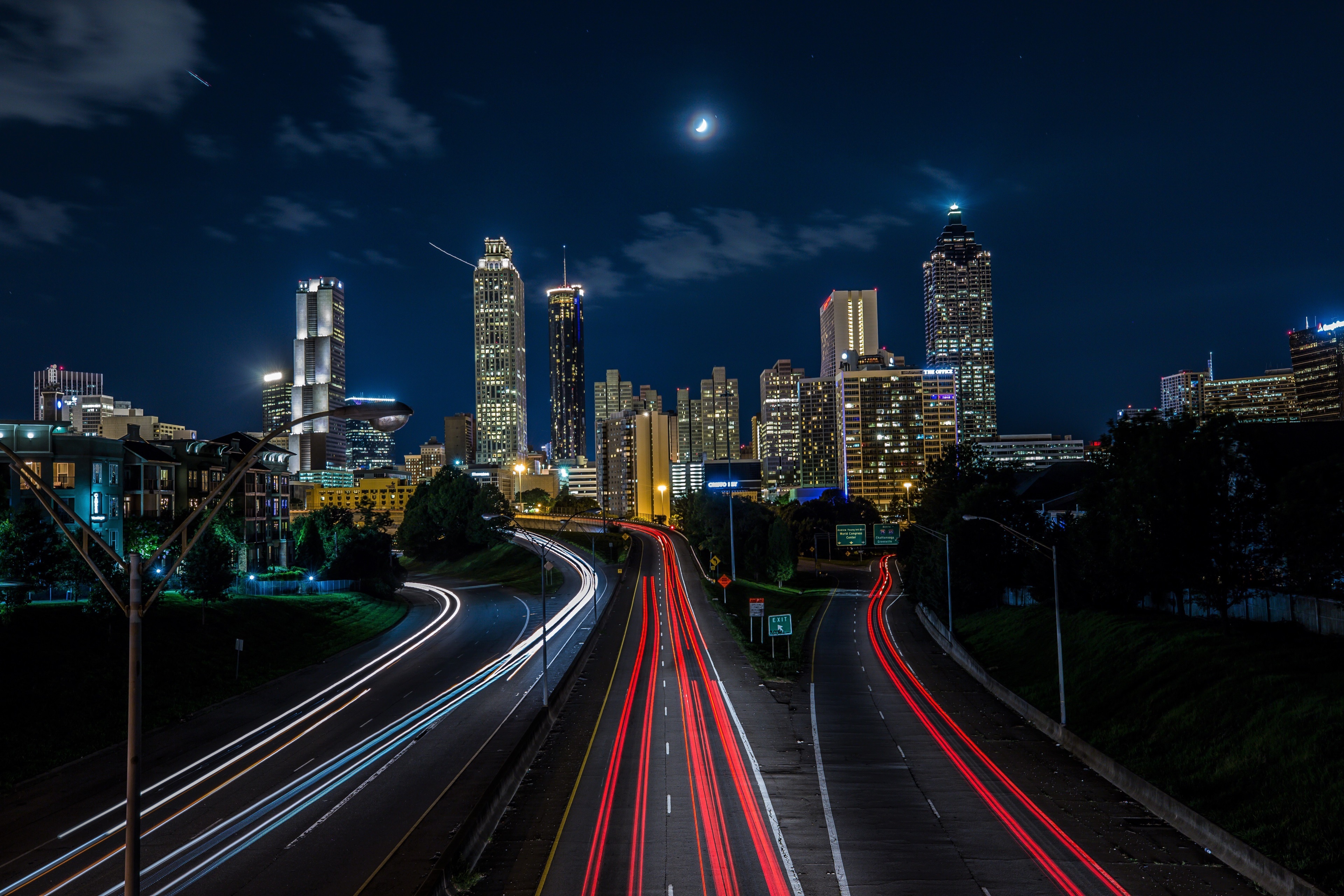 Atlanta Skyline at Night with Light Trails HD Wallpaper
