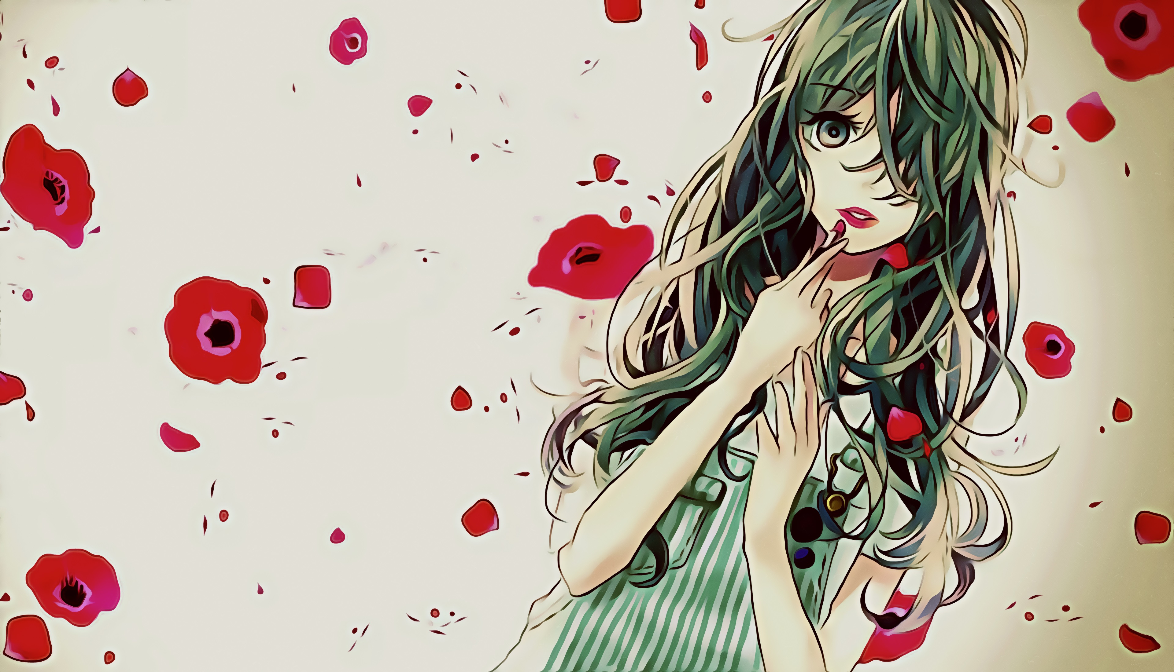 Girl with green hair and red flowers 4K HD Wallpaper