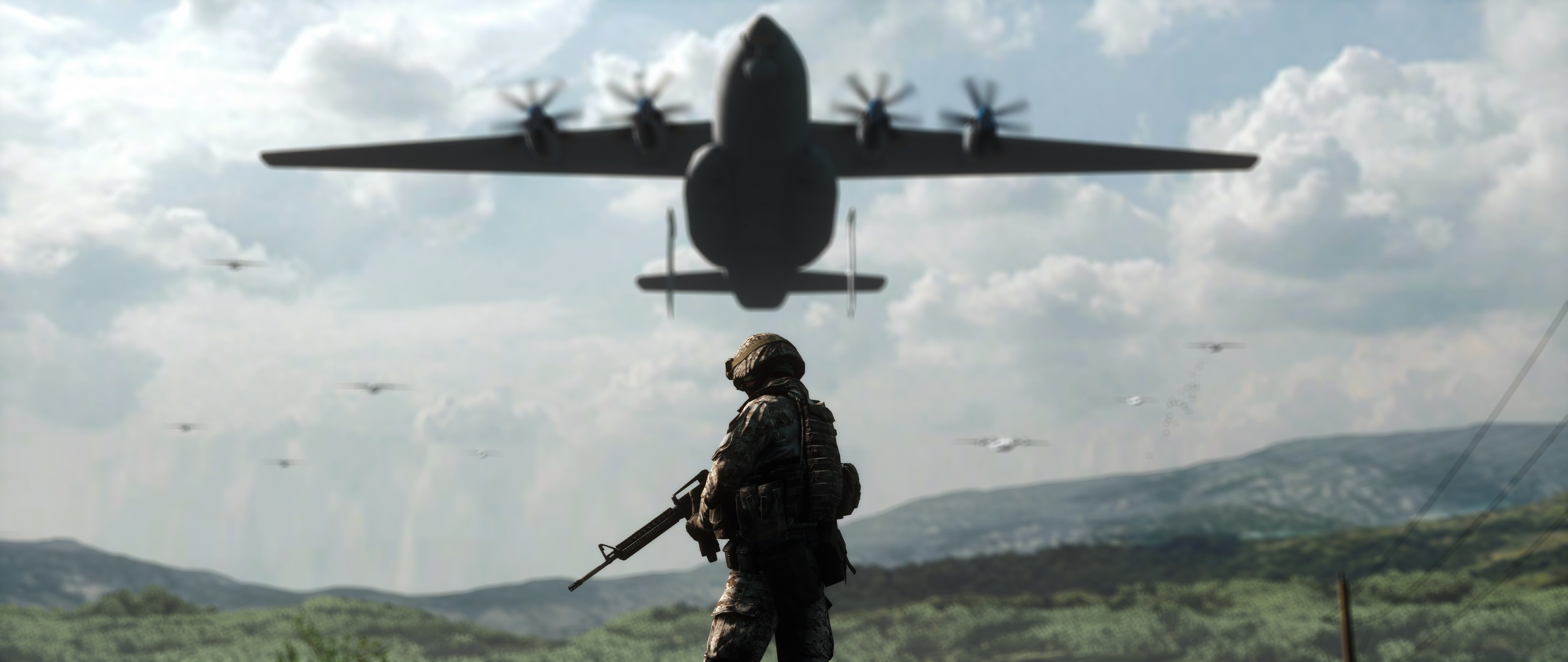Soldier watches military transport planes in Battlefield 3 4K HD Wallpaper