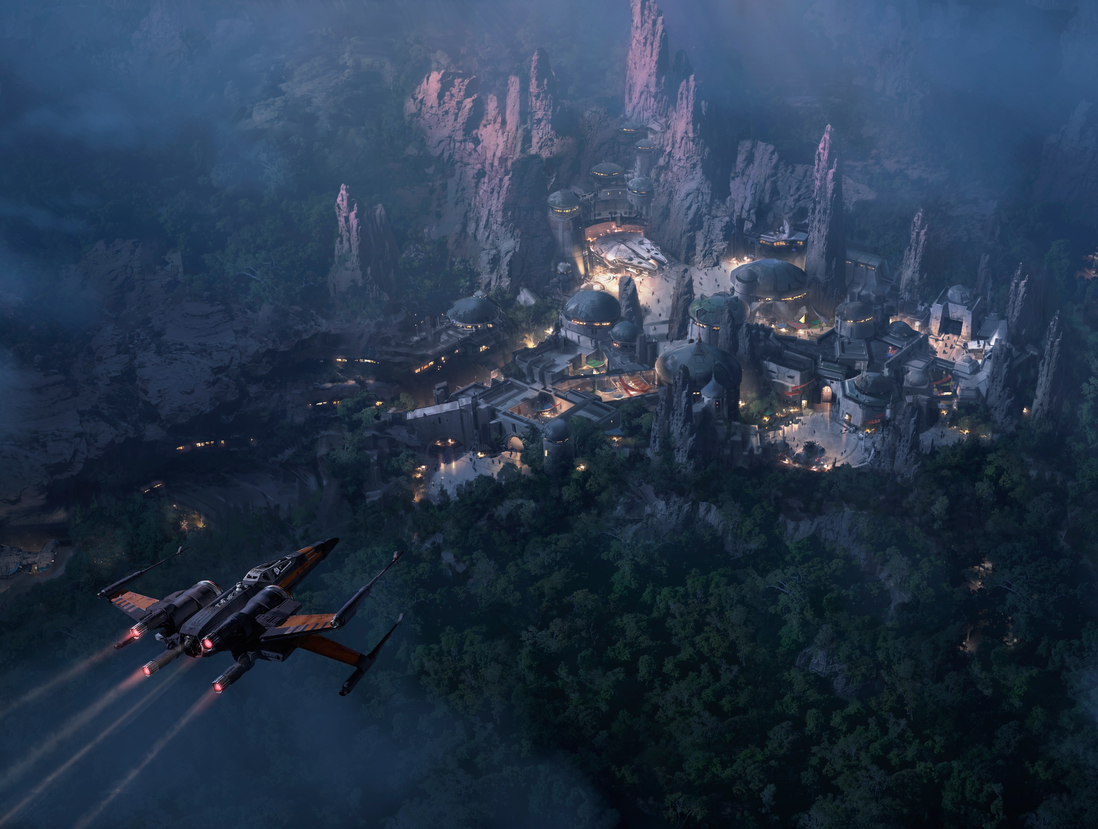 Star Wars X-wing fighter over Batuu HD Wallpaper