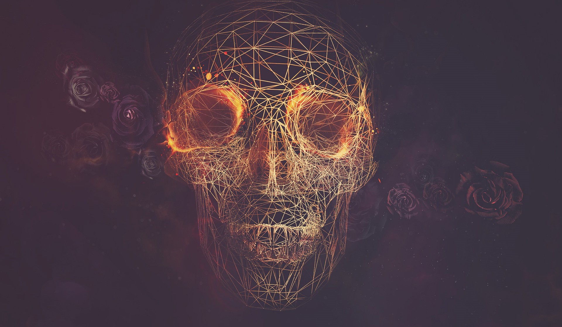 Geometric skull with glowing eyes and roses HD Wallpaper