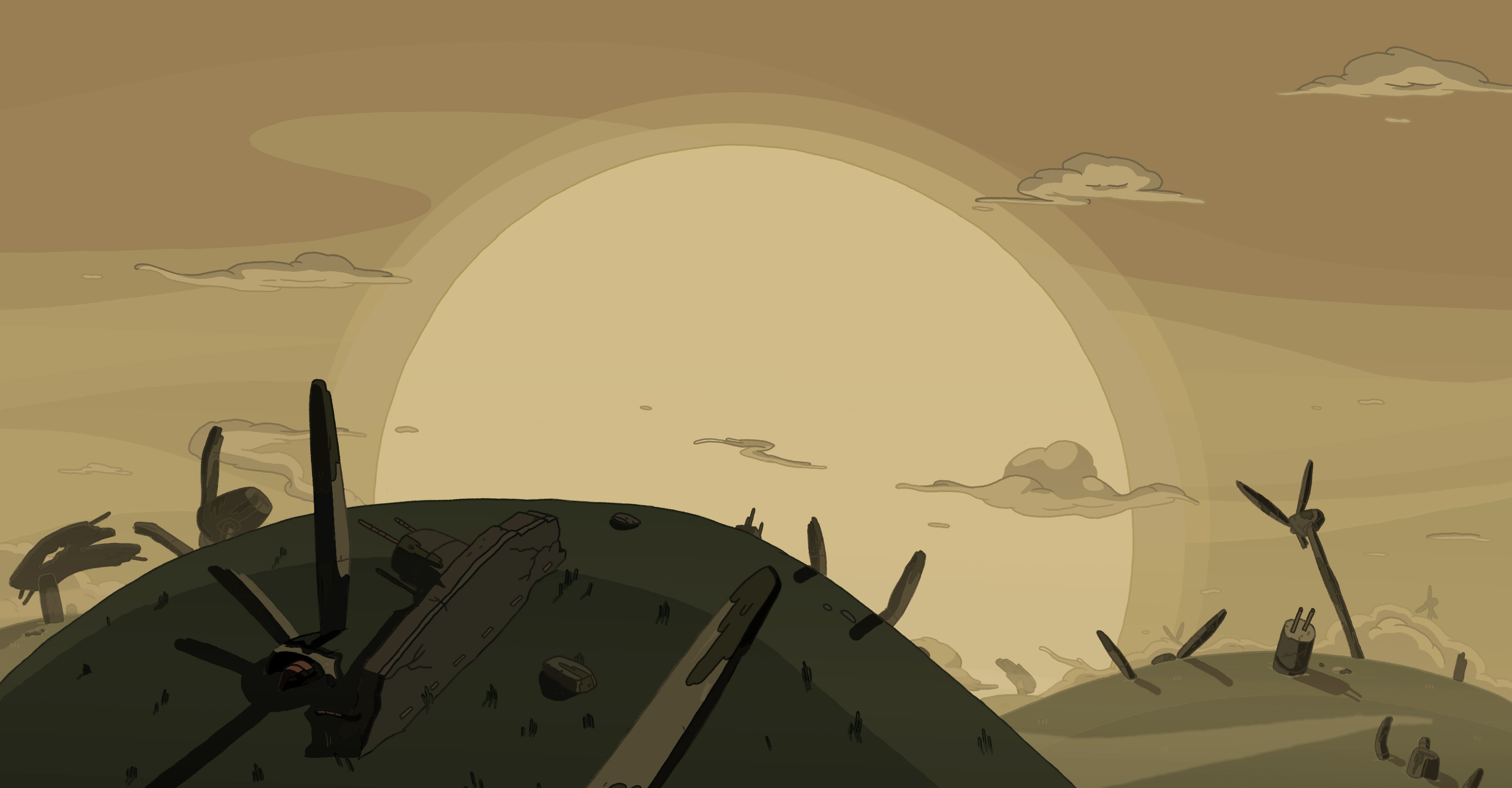 Post-apocalyptic landscape with ruins and a large sun HD Wallpaper