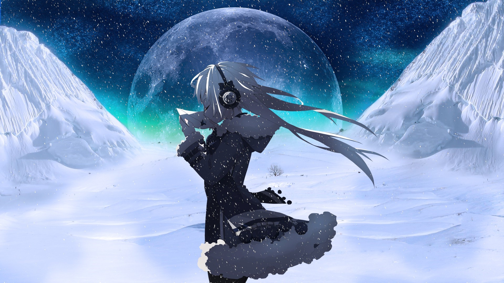 Anime girl with headphones in snowy mountains under a large moon HD Wallpaper