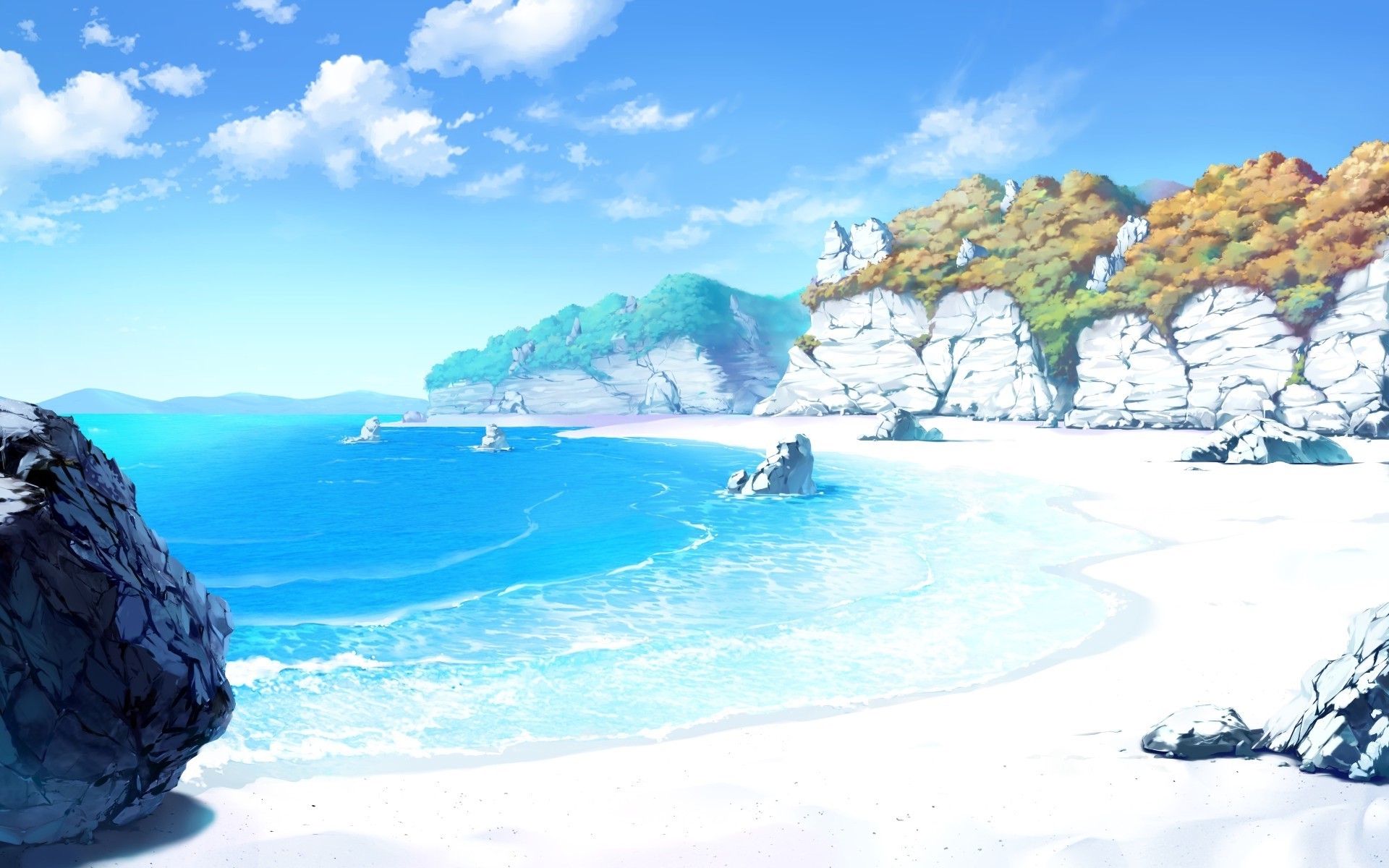 Anime beach with white sand and blue ocean HD Wallpaper