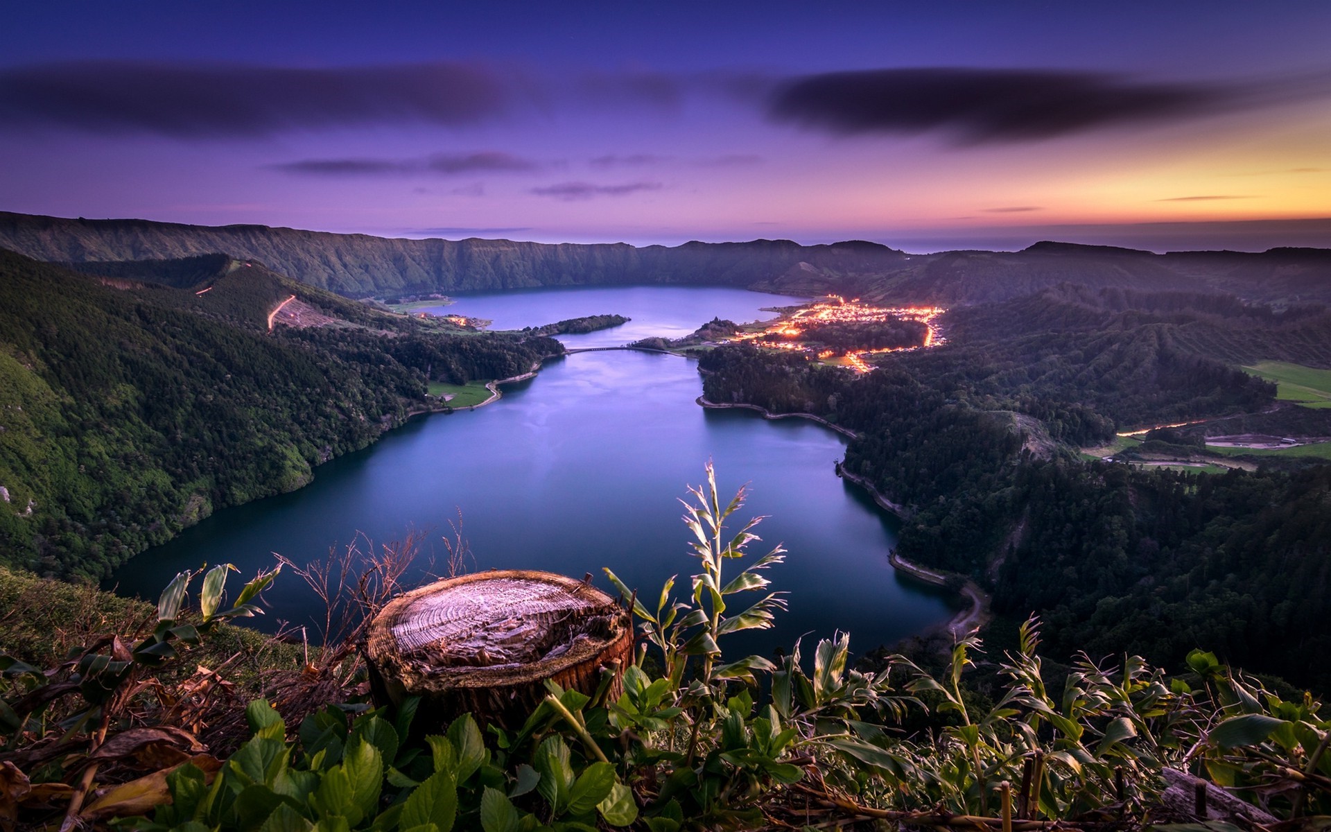 Lake and town at sunset in Azores, Portugal HD Wallpaper