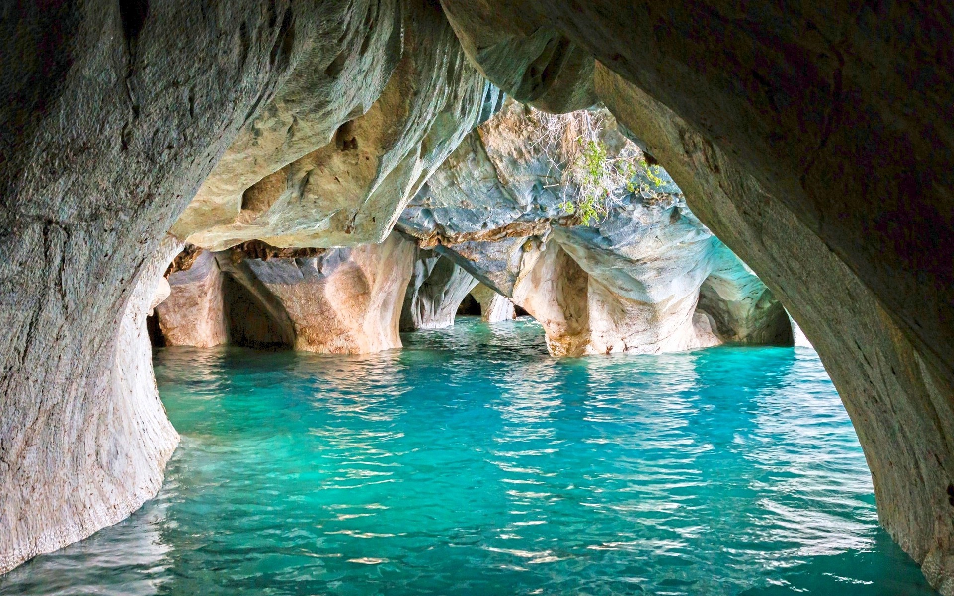 Turquoise Water Inside Chilean Cave with Natural Erosion HD Wallpaper