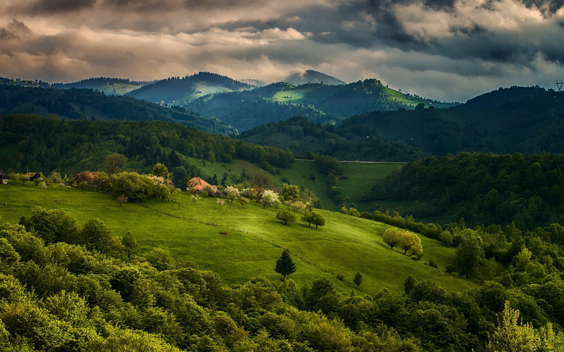 Rolling green hills with scattered houses and trees under cloudy sky HD Wallpaper