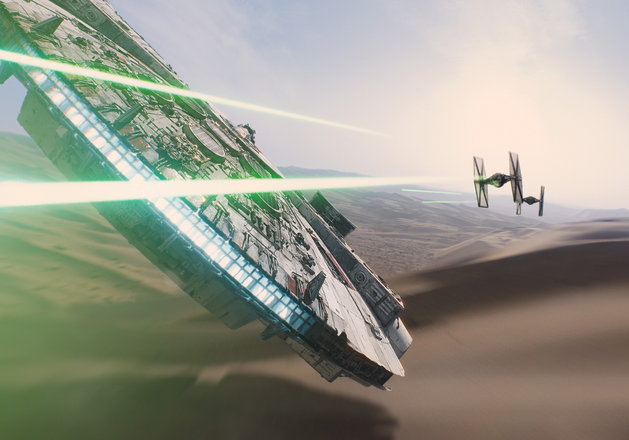 Millennium Falcon and TIE Fighters in Star Wars: The Force Awakens HD Wallpaper