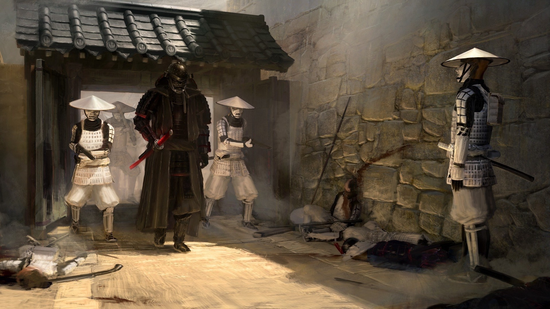 Samurai and fallen warriors in a Japanese alley HD Wallpaper
