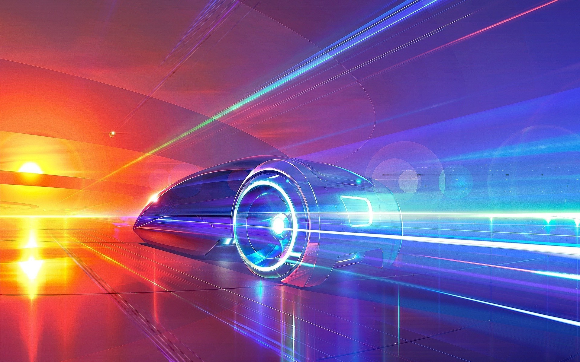 Futuristic car speeding through abstract colorful light streaks HD Wallpaper