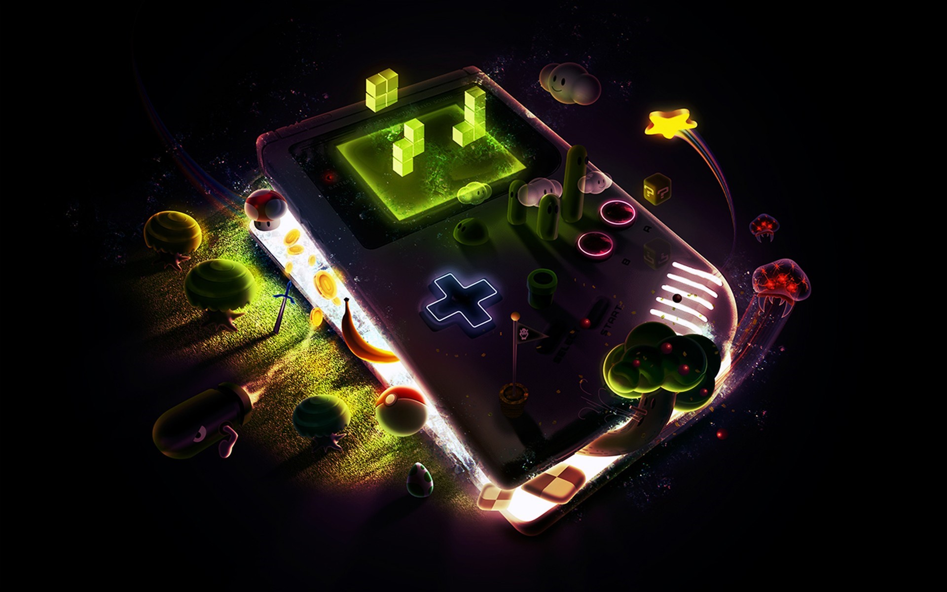 Game Boy with Mario and Tetris elements HD Wallpaper
