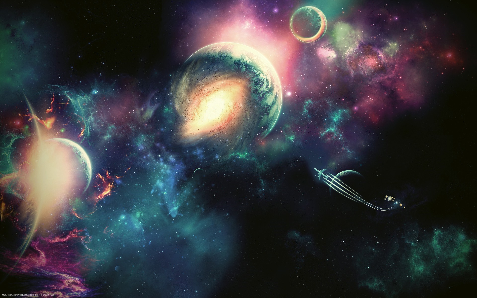 Cosmic nebula with planets and a spaceship HD Wallpaper