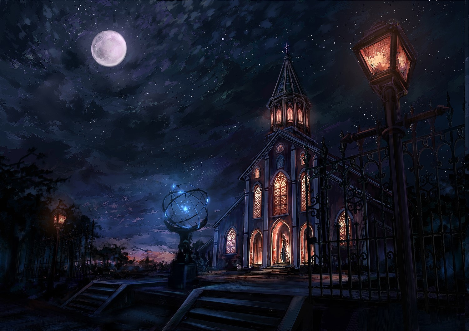 Church at night with a full moon HD Wallpaper