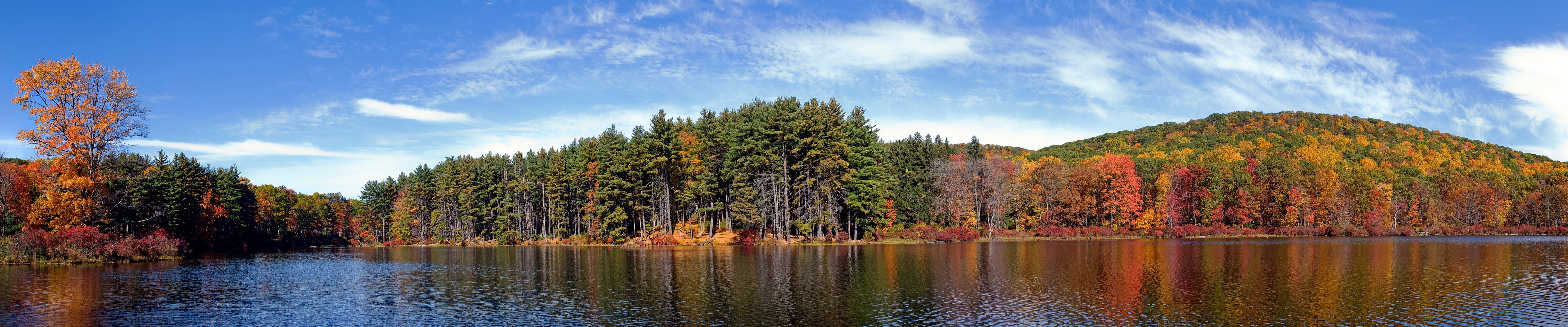 Panoramic autumn landscape with lake and trees HD Wallpaper