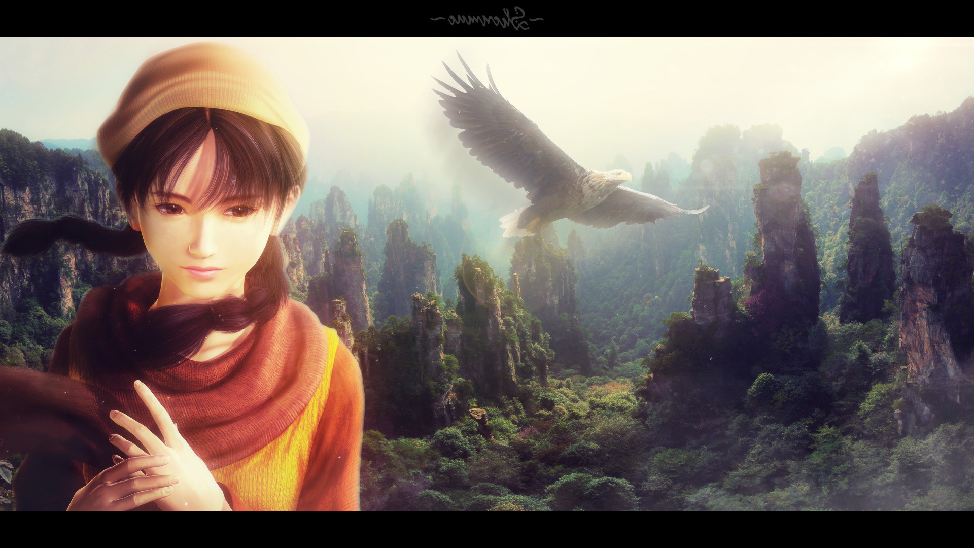 Shenmue girl and eagle in mountains HD Wallpaper