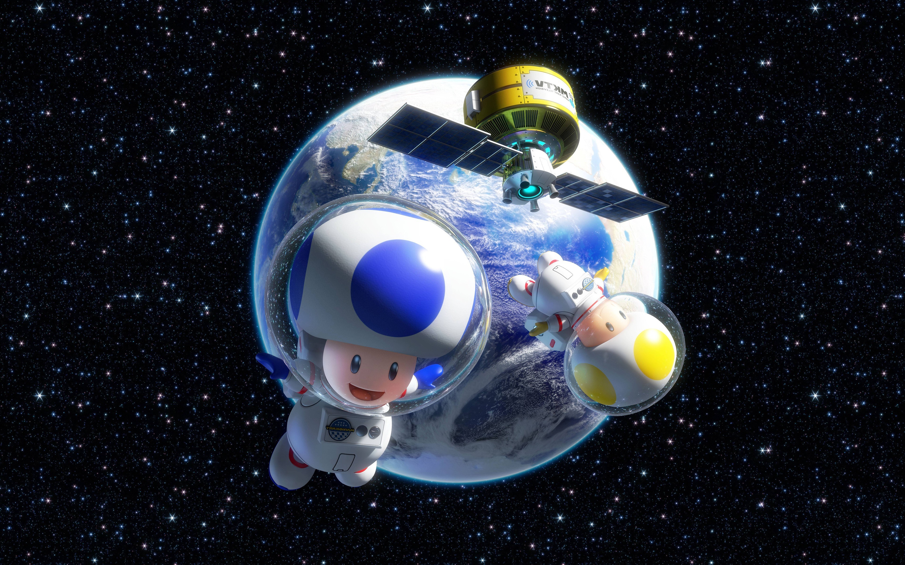 Toad and Toadette from Mario Kart 8 in space HD Wallpaper