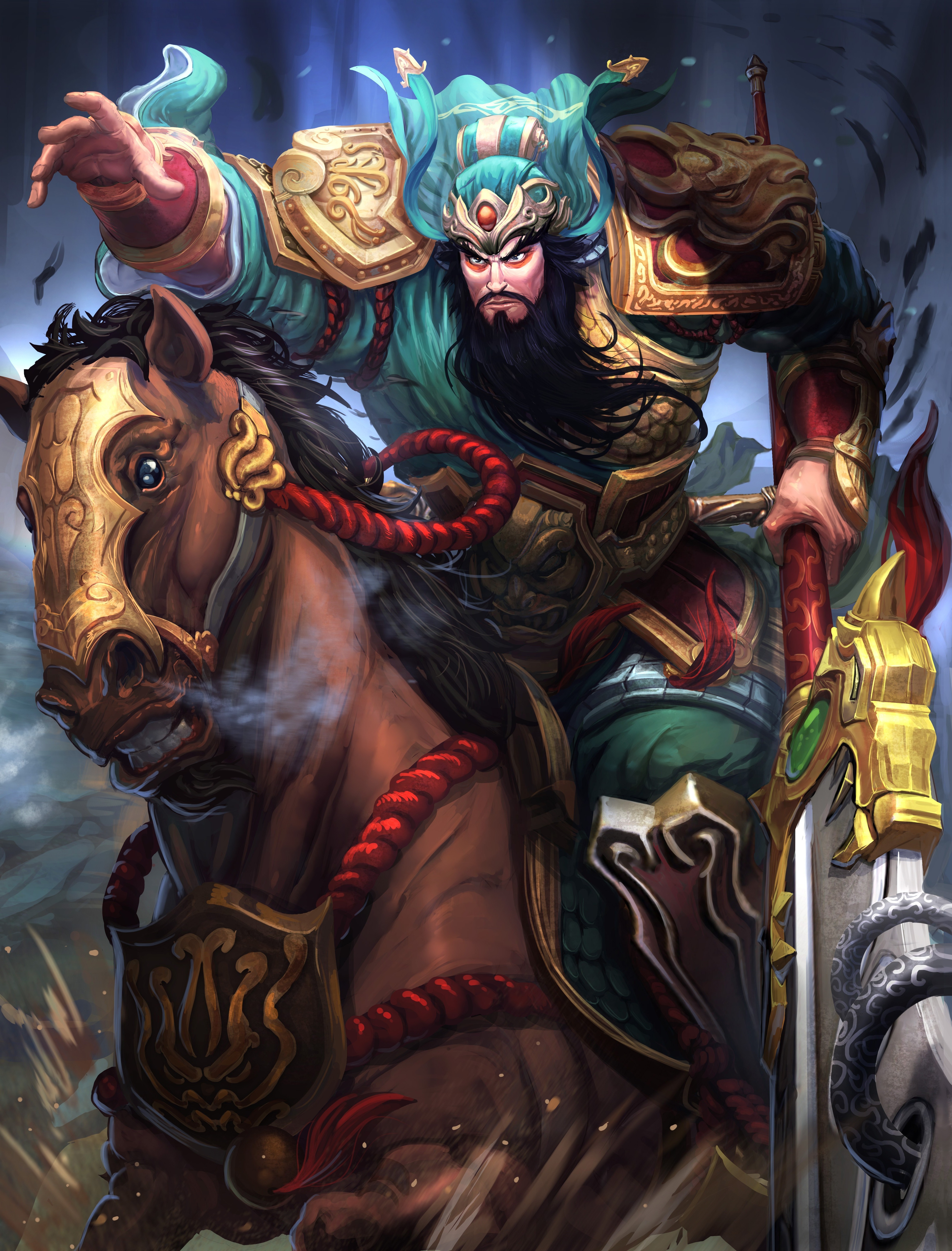 Guan Yu from Smite riding a horse HD Wallpaper