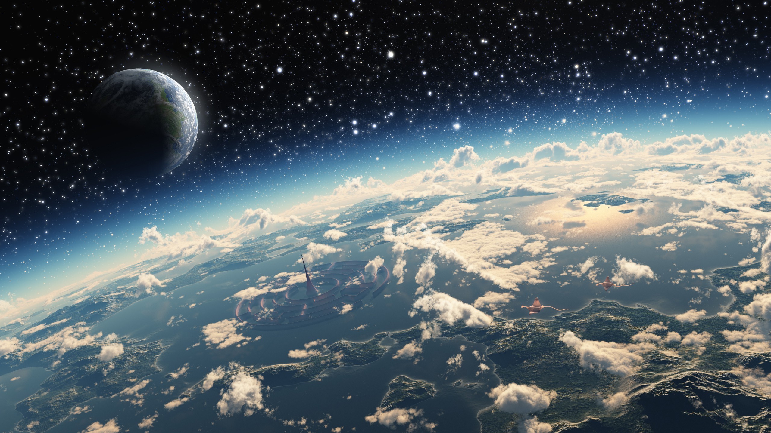 Futuristic space city on an alien planet with Earth in the background HD Wallpaper