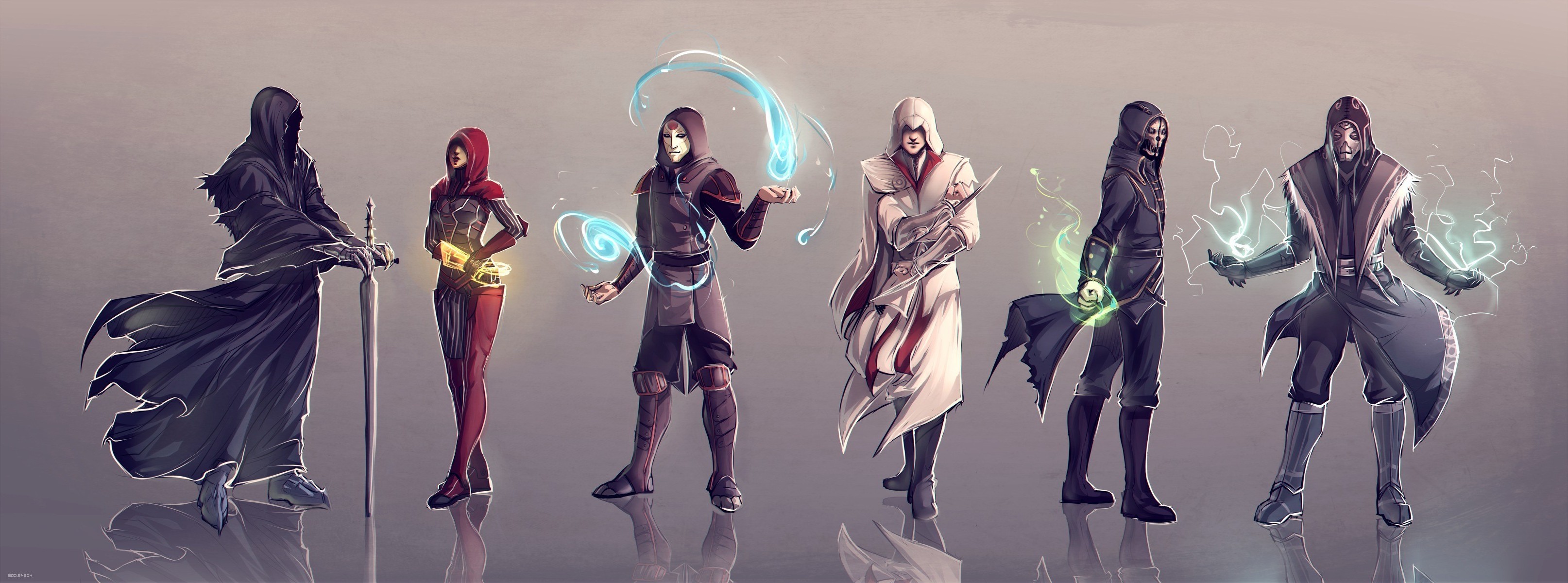 Characters from Dishonored, Assassin's Creed, Mass Effect, and The Elder Scrolls HD Wallpaper