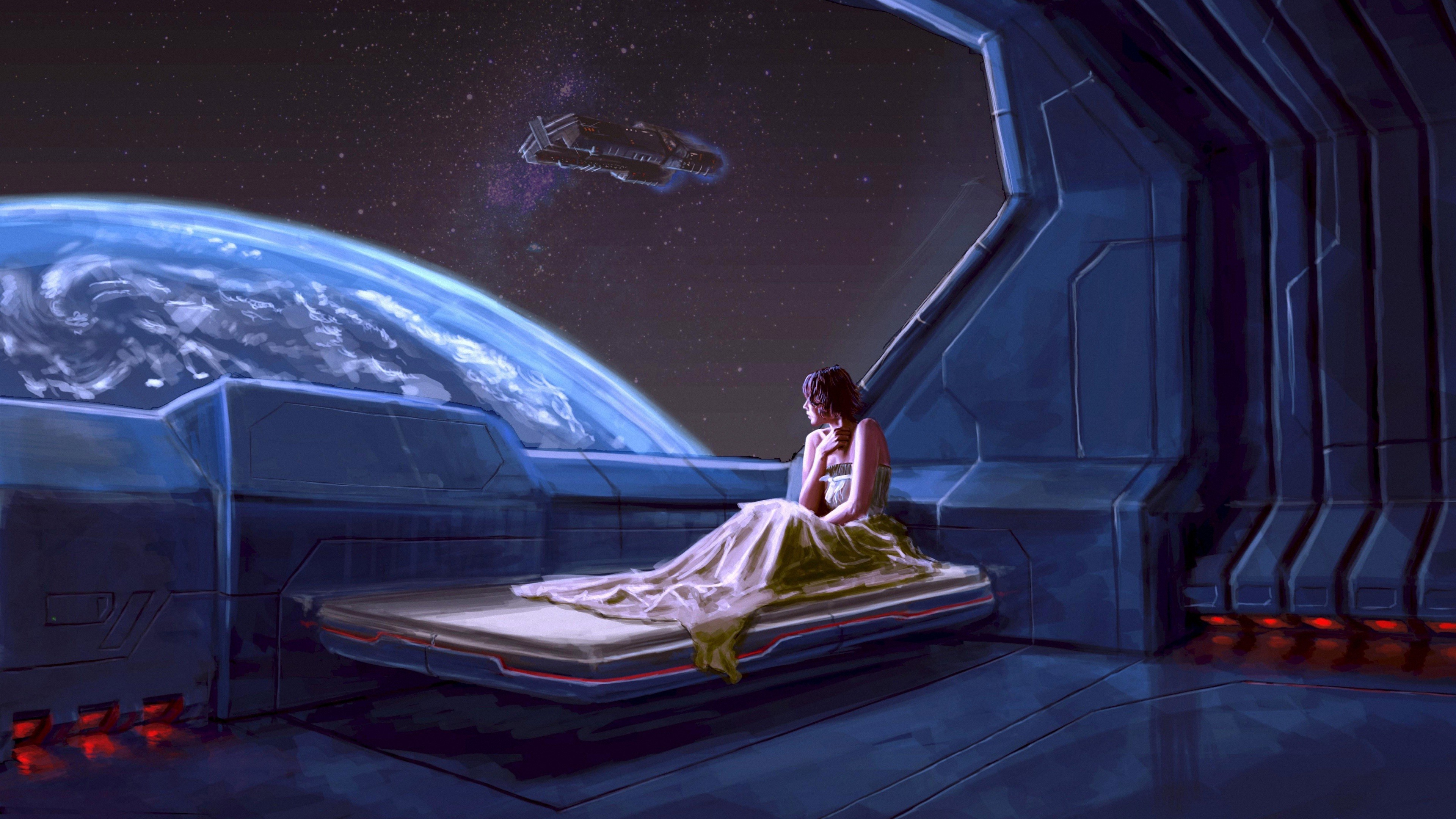 Woman in futuristic room overlooking planet HD Wallpaper