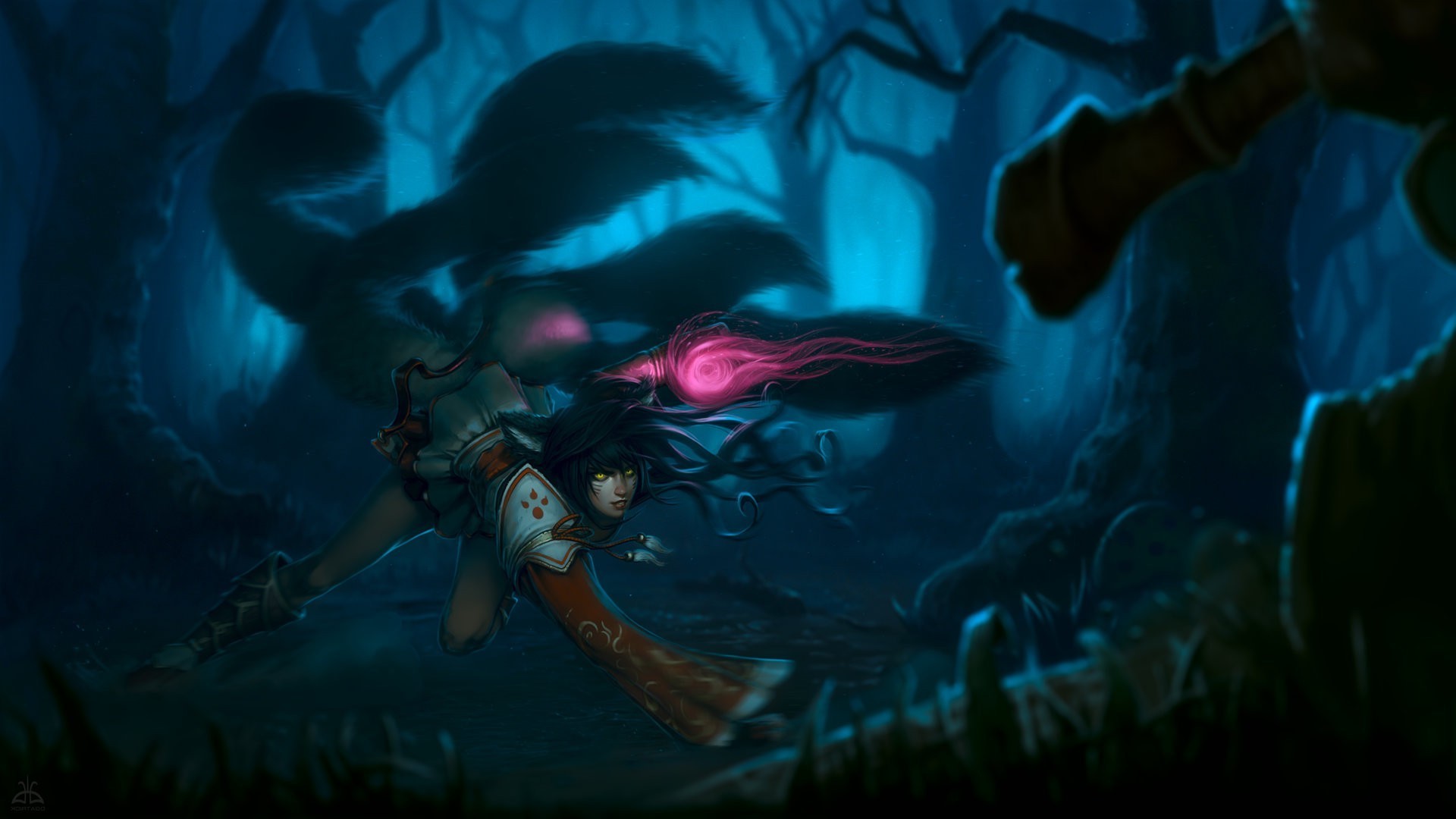 Ahri from League of Legends in a dark forest HD Wallpaper