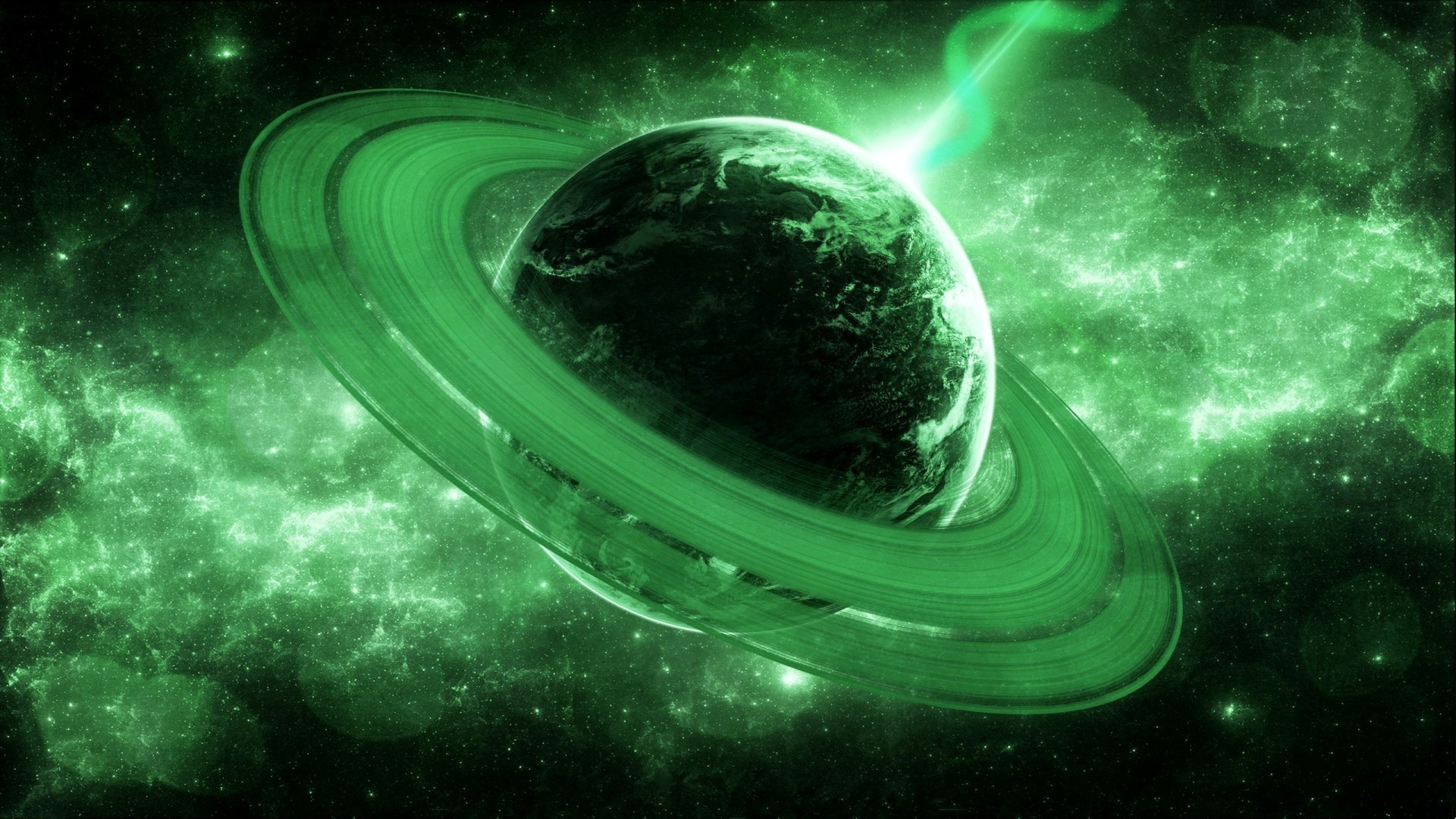 Green planet with rings and laser in space HD Wallpaper