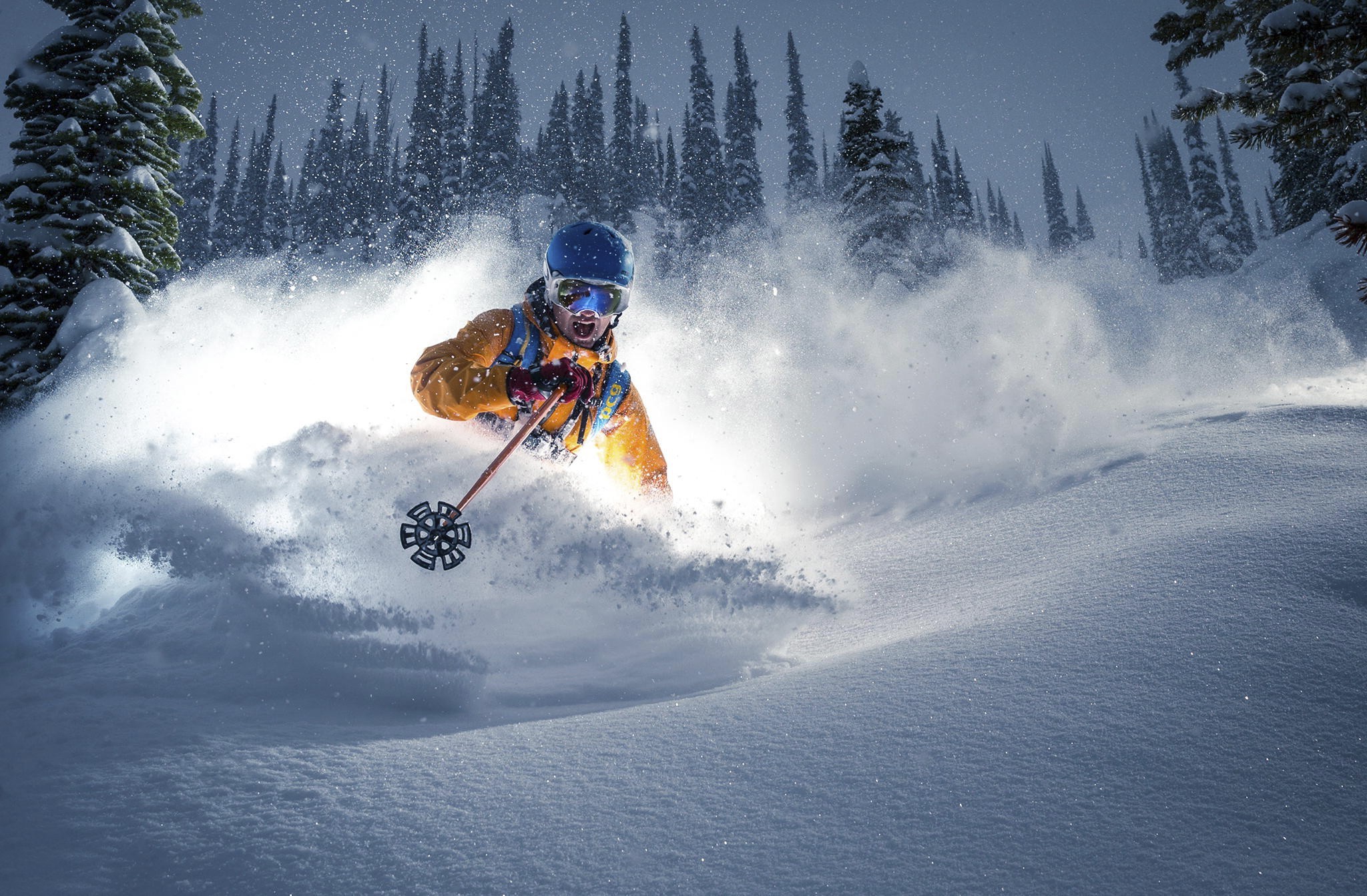 Skier in yellow jacket carving powder HD Wallpaper