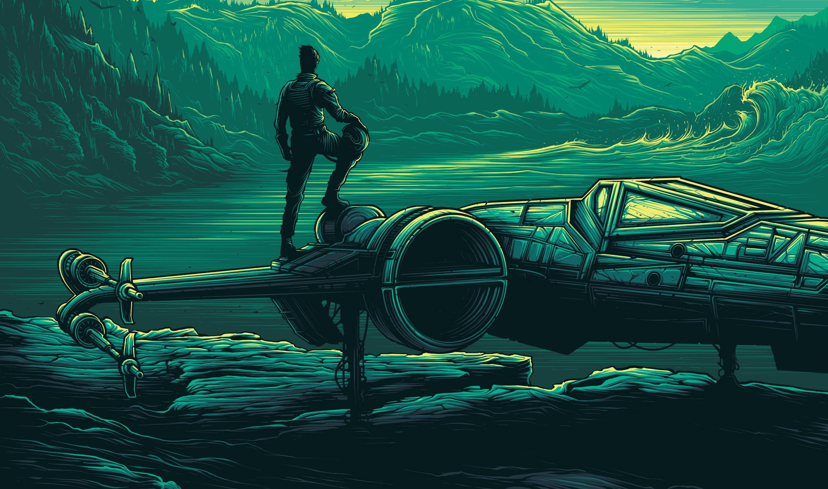 Pilot standing on X-wing in front of ocean and mountains HD Wallpaper