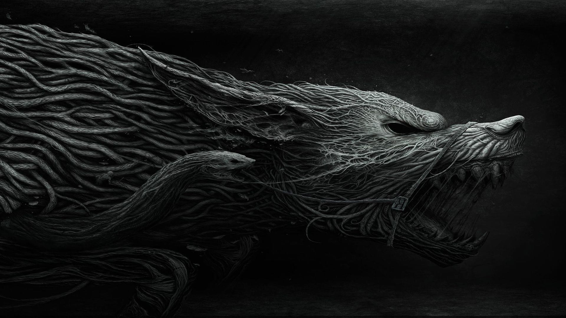 Wolf made of roots in dark forest HD Wallpaper