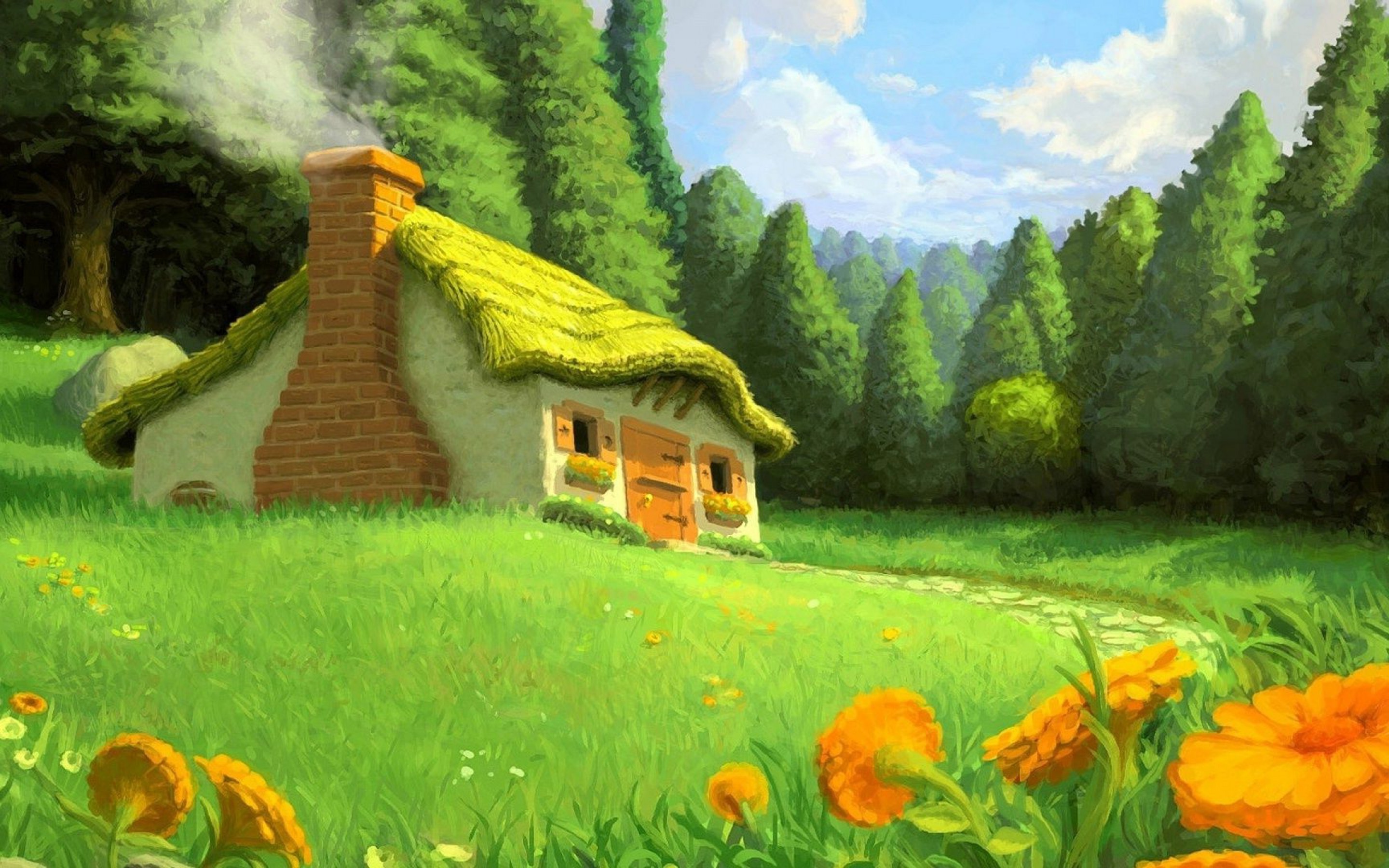 Artwork of a house in a green landscape HD Wallpaper