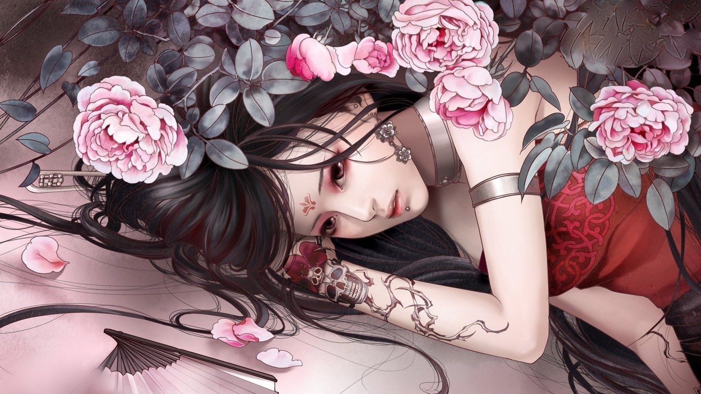 Anime girl with flowers and tattoos HD Wallpaper