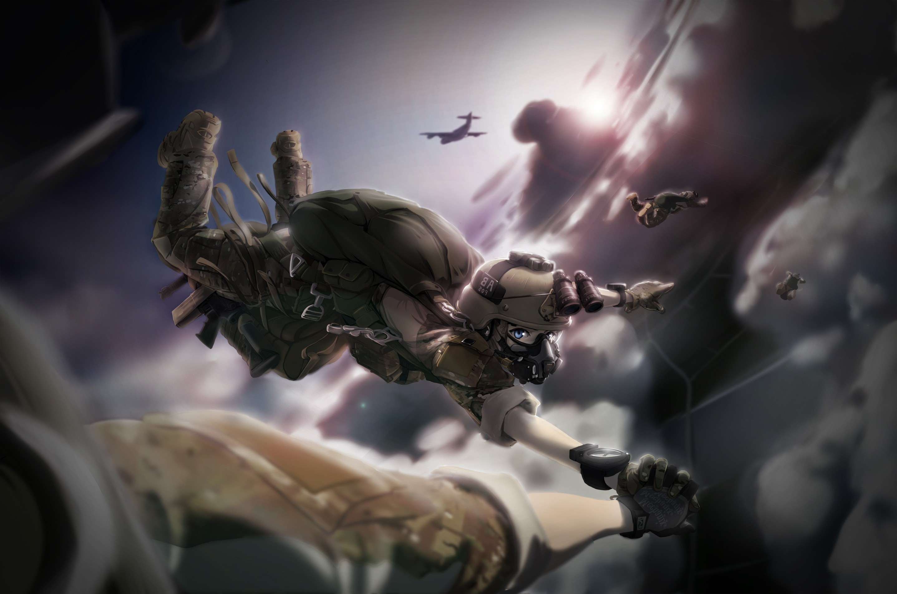 Anime military girls skydiving from airplane HD Wallpaper