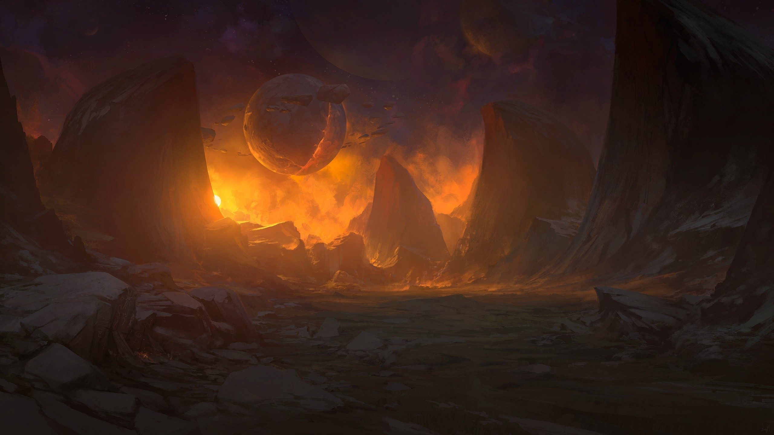 Alien planet landscape with a large sun HD Wallpaper