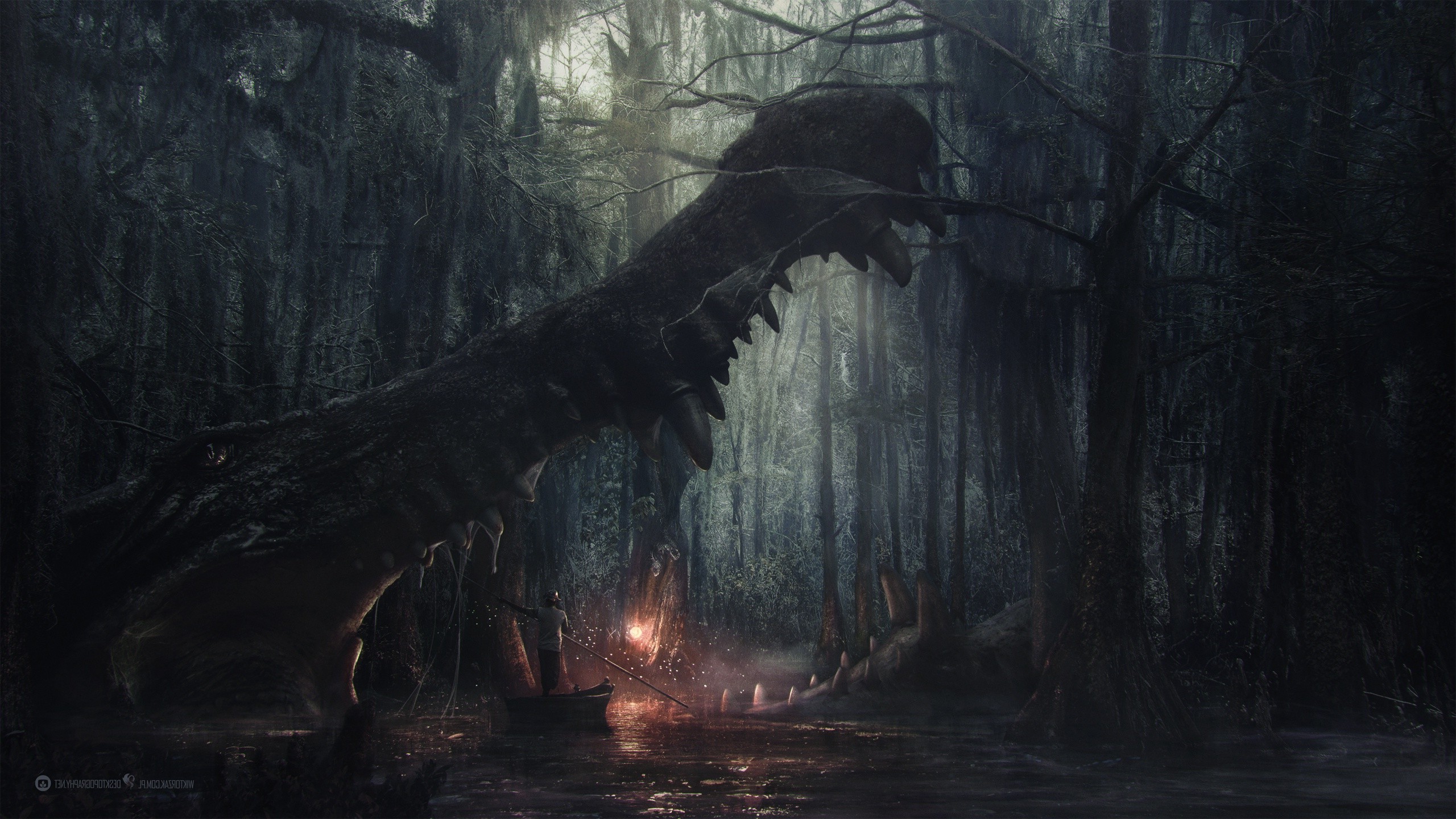 Fantasy swamp with a giant crocodile and a boat HD Wallpaper