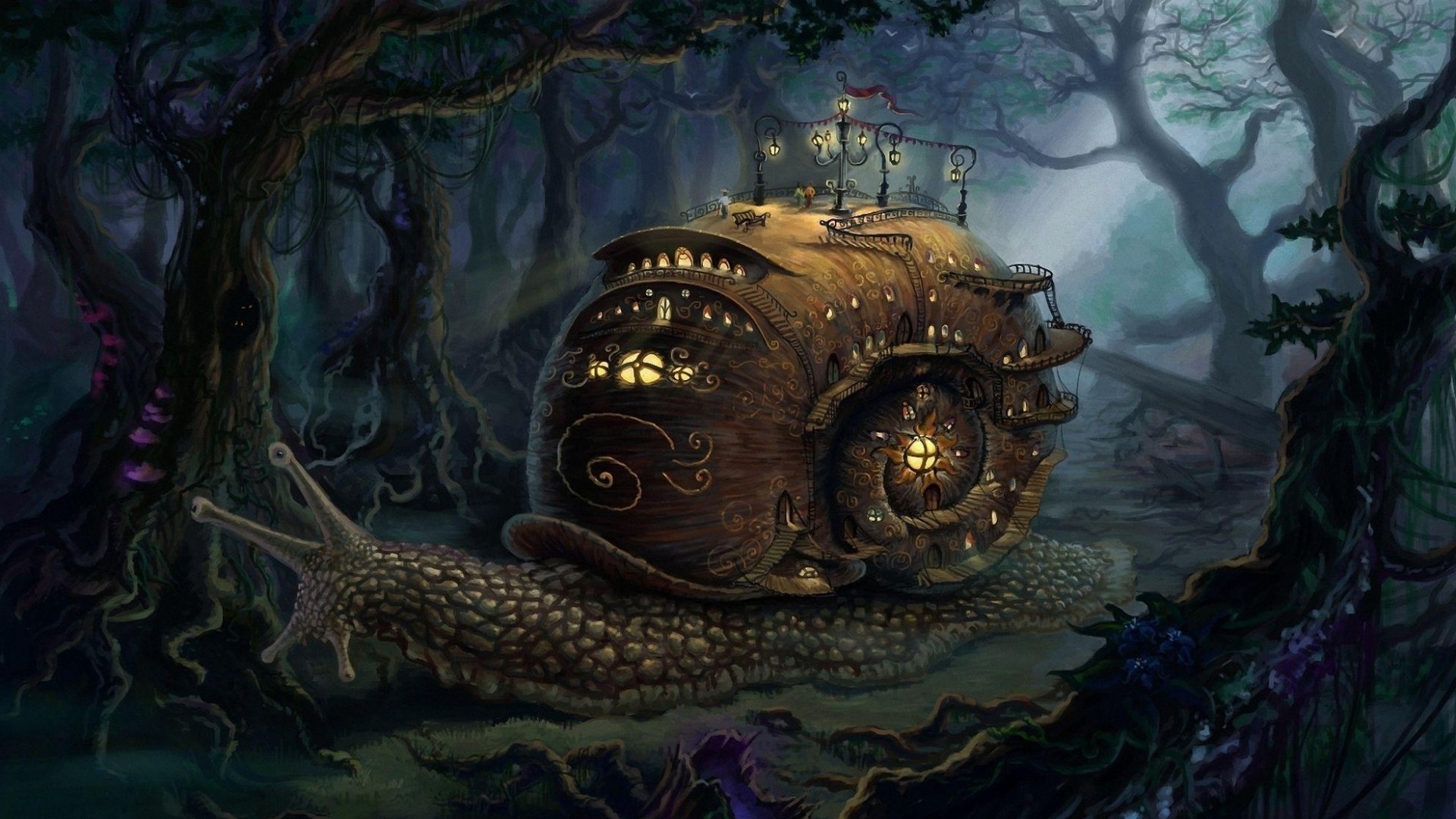 Fantasy snail house in a dark forest HD Wallpaper
