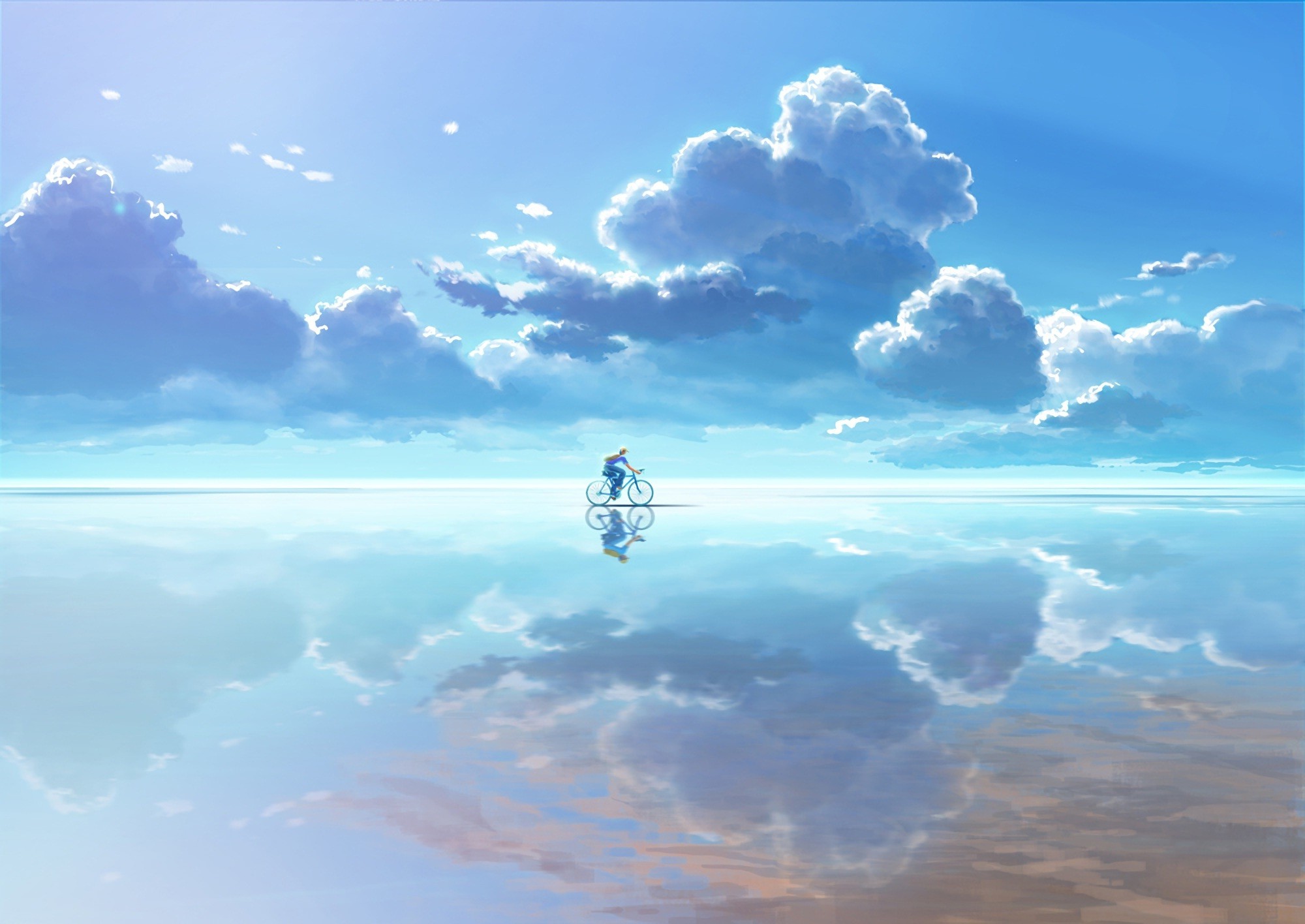 Person riding a bicycle on a reflective surface with clouds HD Wallpaper