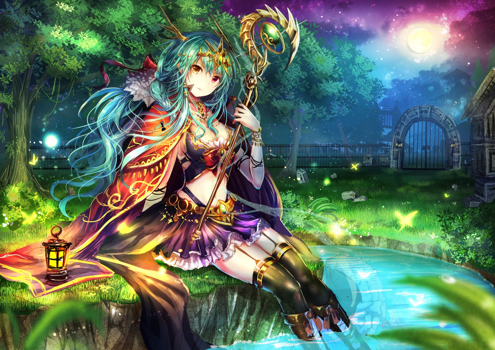 Anime girl with blue hair holding a staff in a magical forest HD Wallpaper