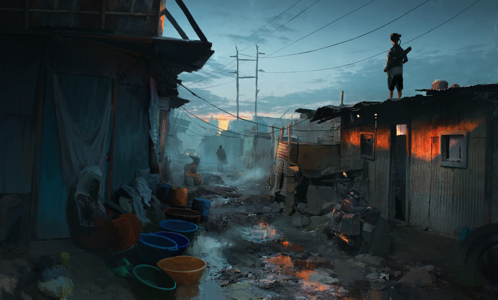 Concept art of a dystopian slum with a figure on a rooftop HD Wallpaper