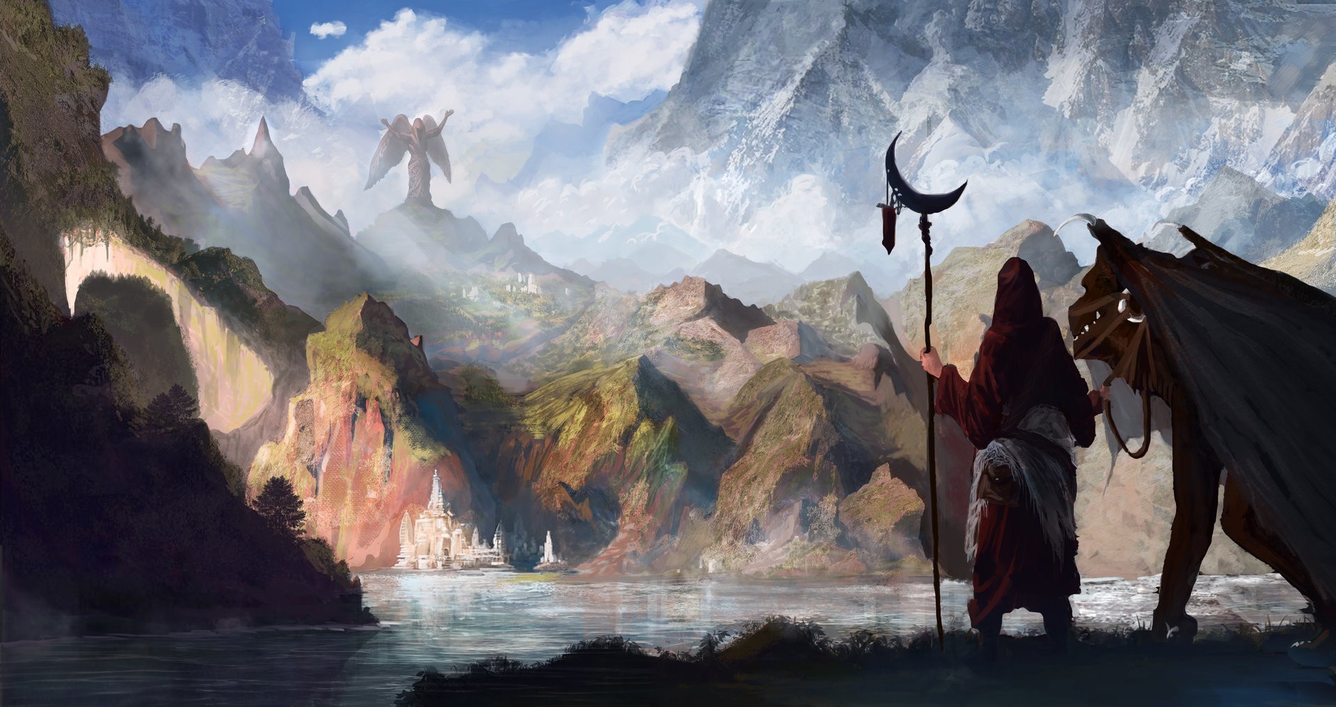 Fantasy landscape with a hooded figure and dragon HD Wallpaper