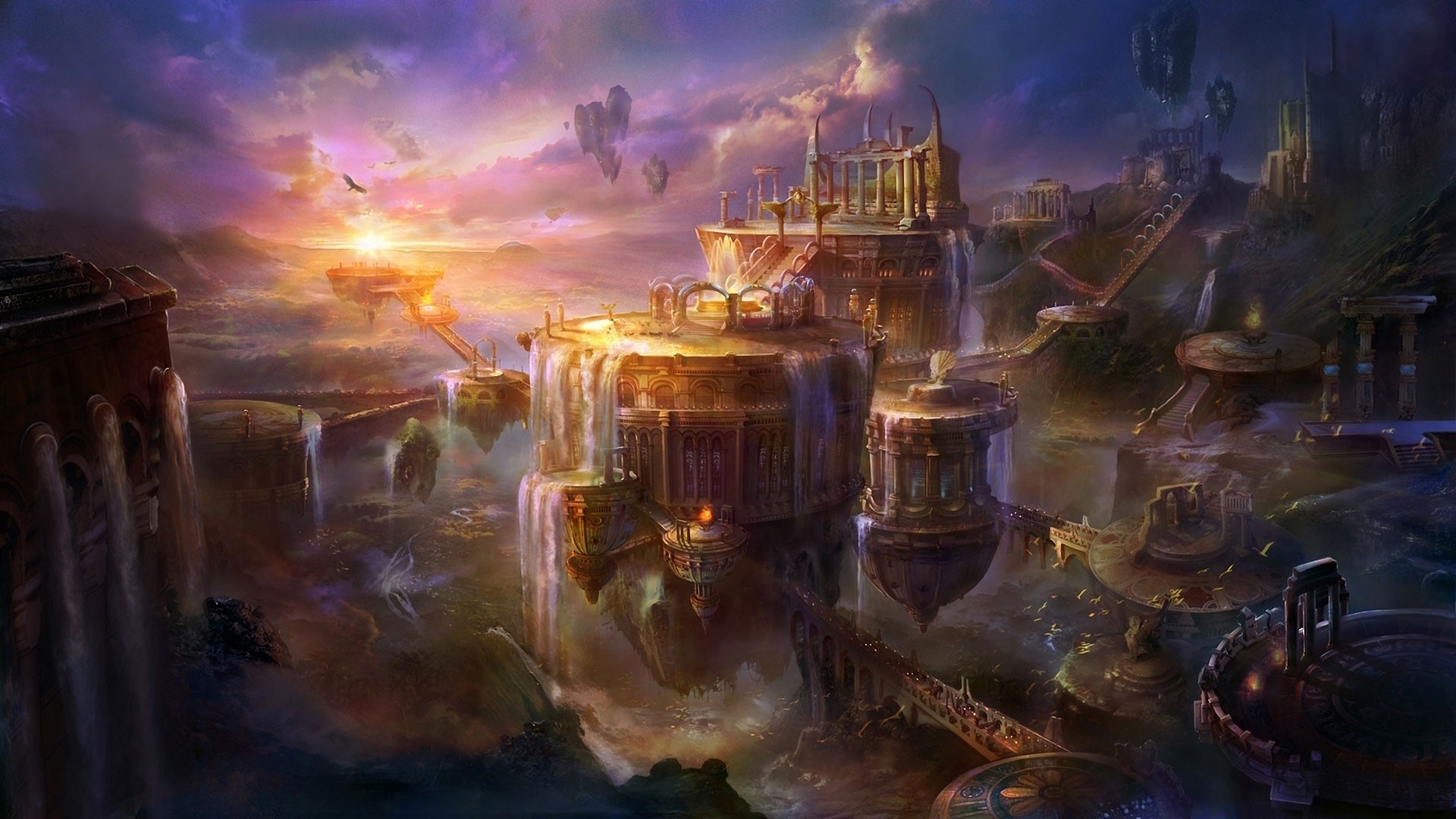 Fantasy floating islands with waterfalls at sunset HD Wallpaper