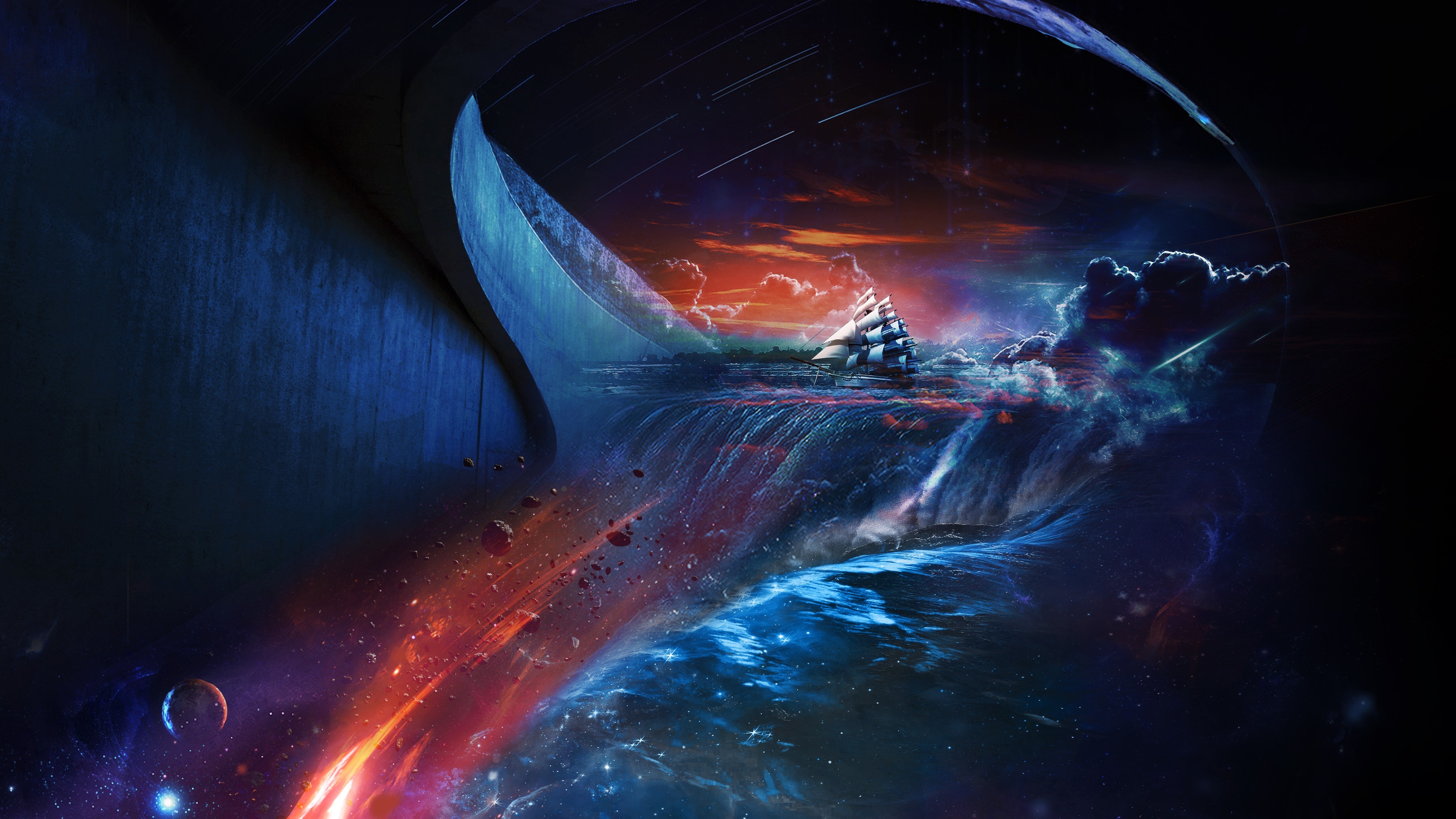 Fantasy art ship waterfall space HD Wallpaper
